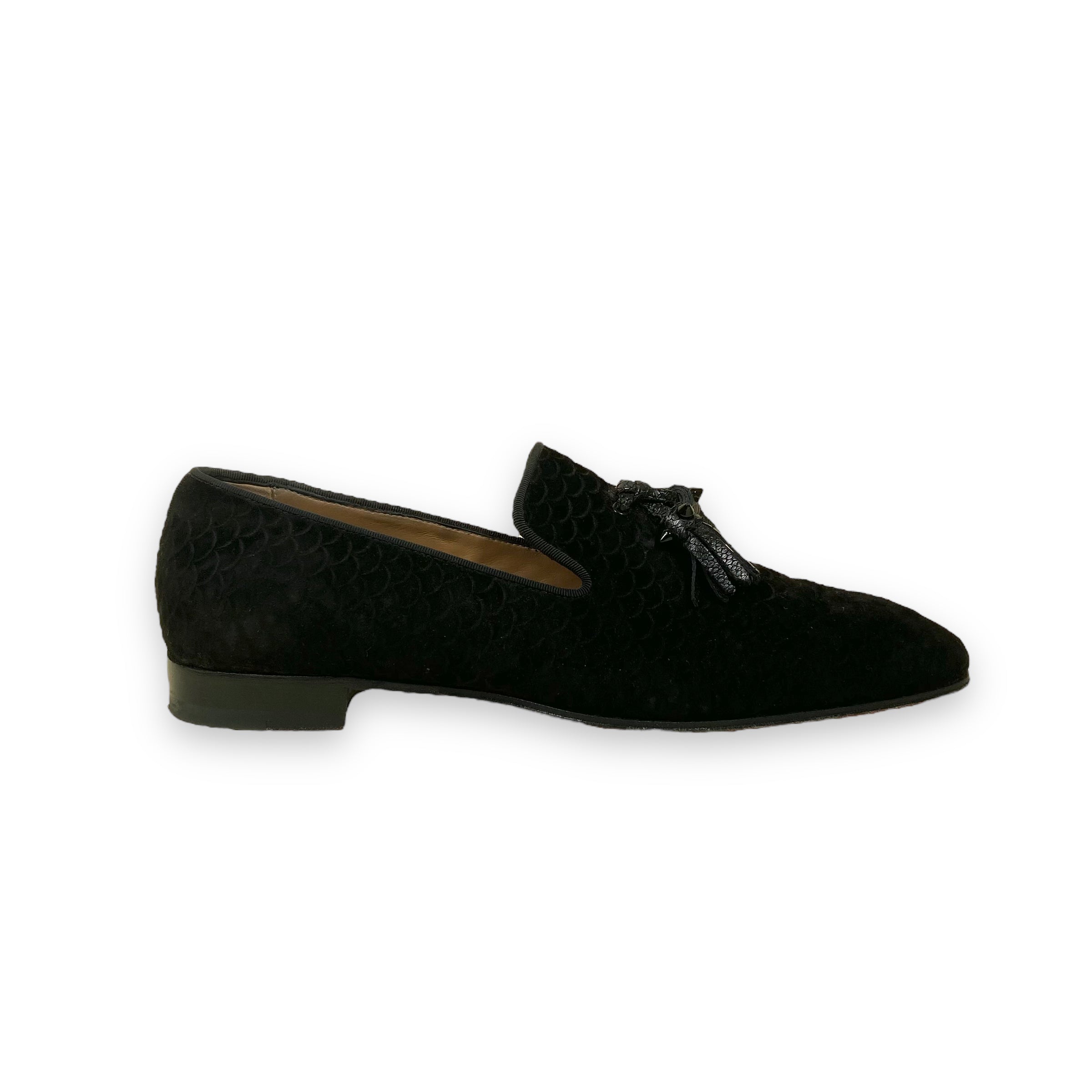 CHRISTIAN LOUBOUTIN SUEDE TASSEL LOAFERS BLACK UK8