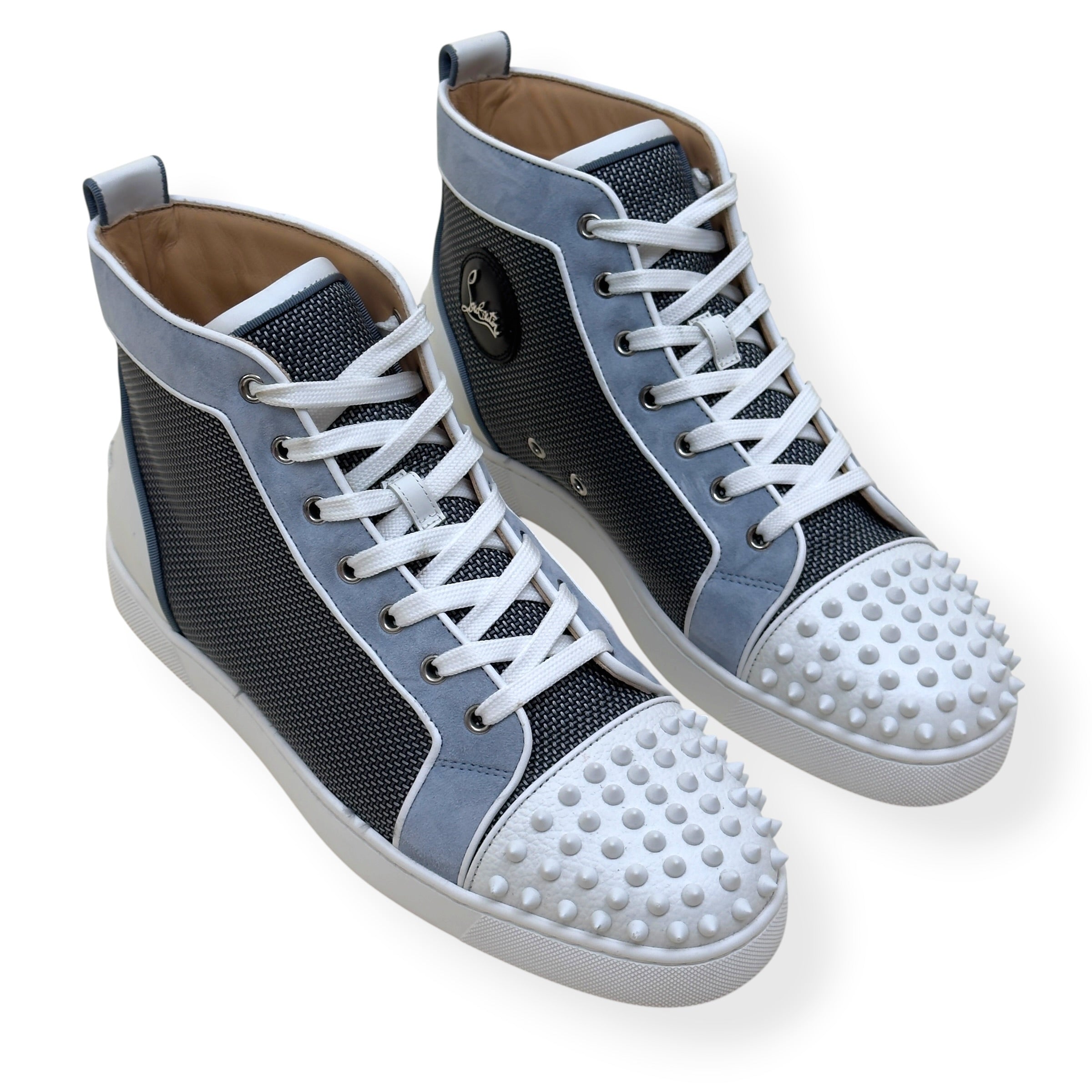 CHRISTIAN LOUBOUTIN LOUIS SPIKES HIGH-TOP SUEDE / MESH SNEAKER GREY / WHITE 44 / UK10