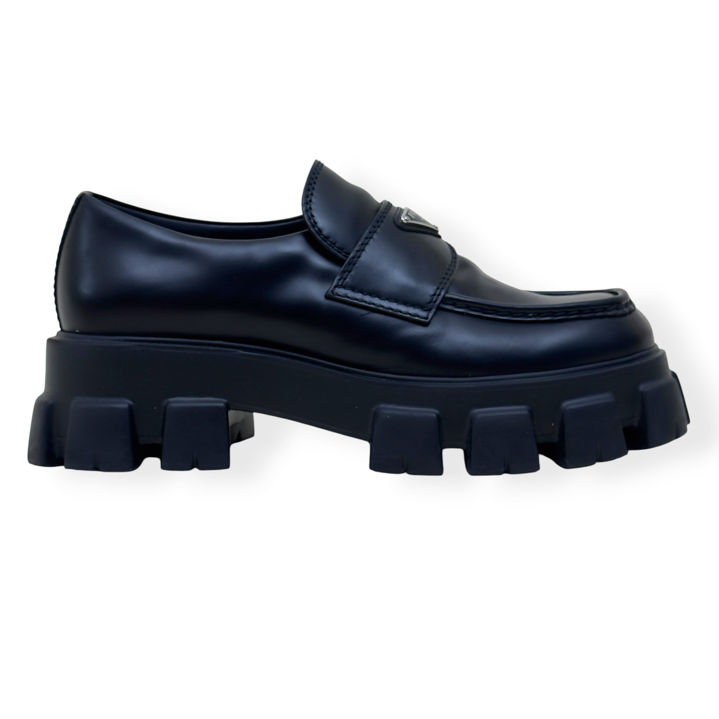 PRADA MONOLITH BRUSHED LEATHER LOAFER BLACK UK9