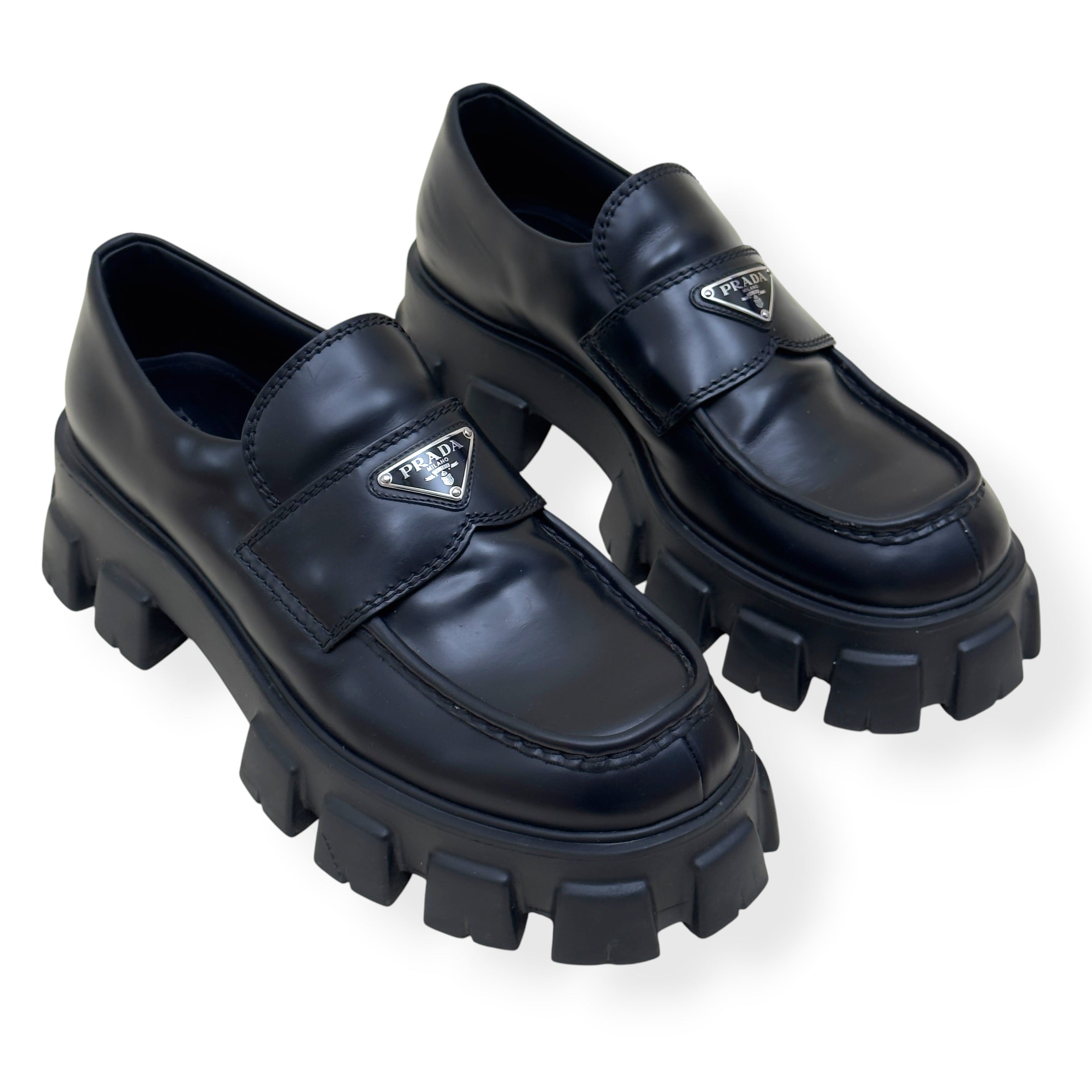 PRADA MONOLITH BRUSHED LEATHER LOAFER BLACK UK9