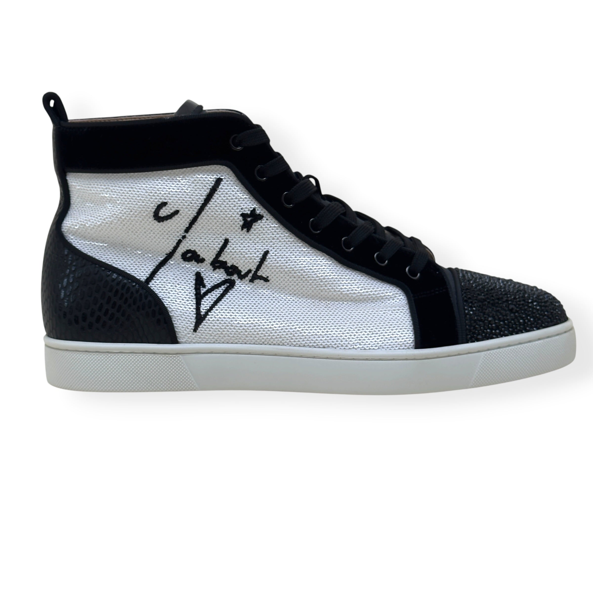 CHRISTIAN LOUBOUTIN LOUIS JUNIOR SPIKES STRASS HIGH-TOP SNEAKER BLACK / WHITE 44 / UK10