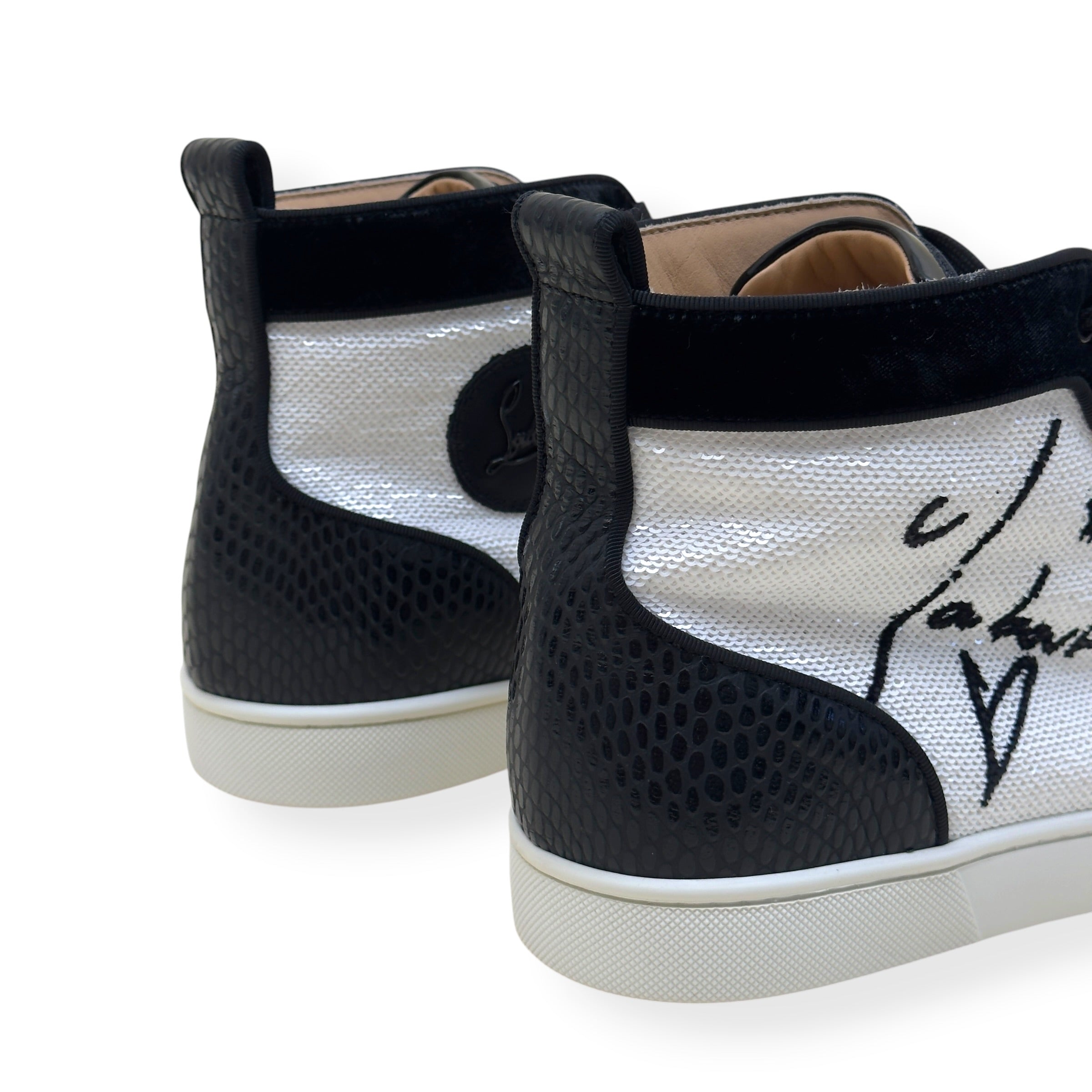 CHRISTIAN LOUBOUTIN LOUIS JUNIOR SPIKES STRASS HIGH-TOP SNEAKER BLACK / WHITE 44 / UK10