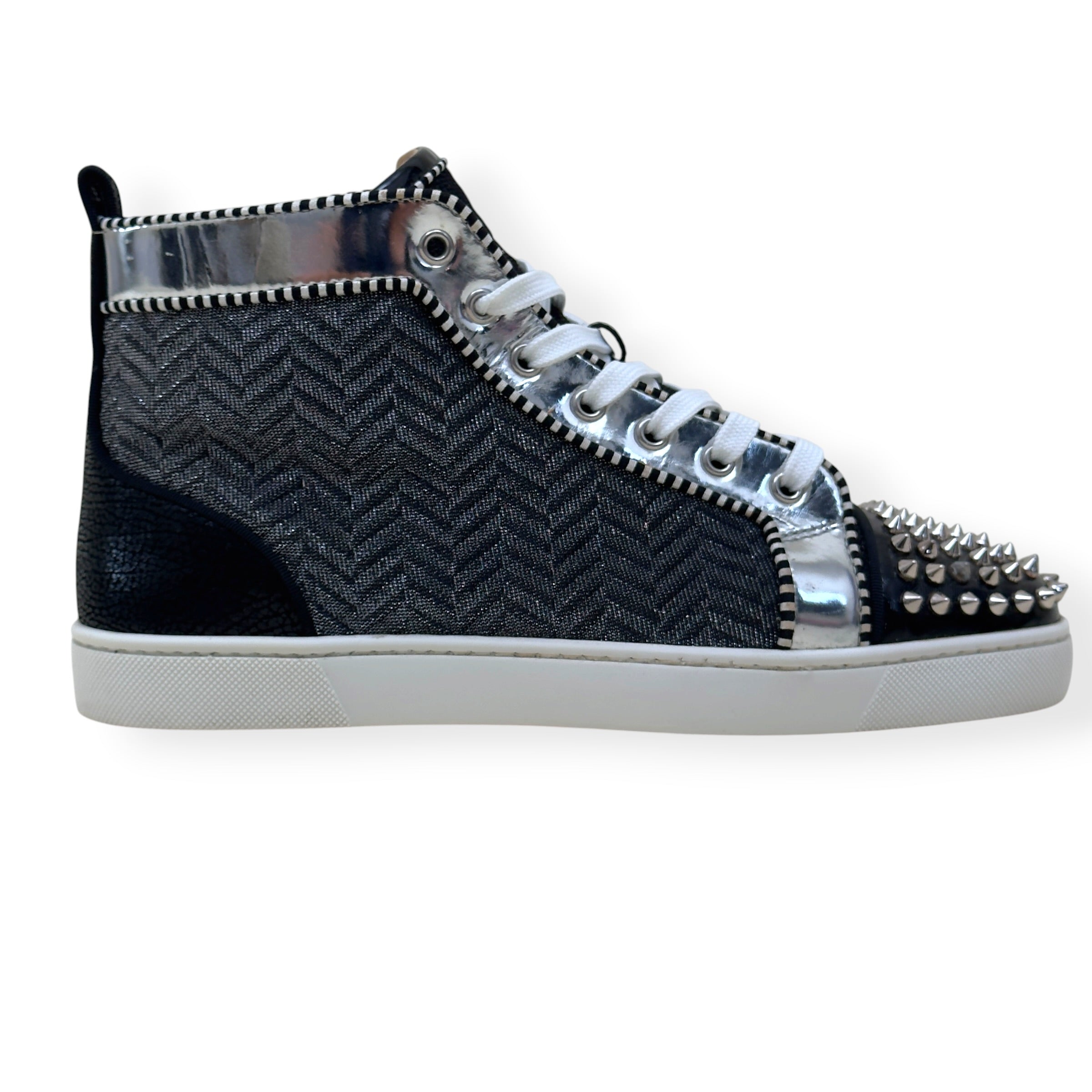 CHRISTIAN LOUBOUTIN LOUIS SPIKES HIGH TOP SNEAKER BLACK / SILVER 42 / UK8