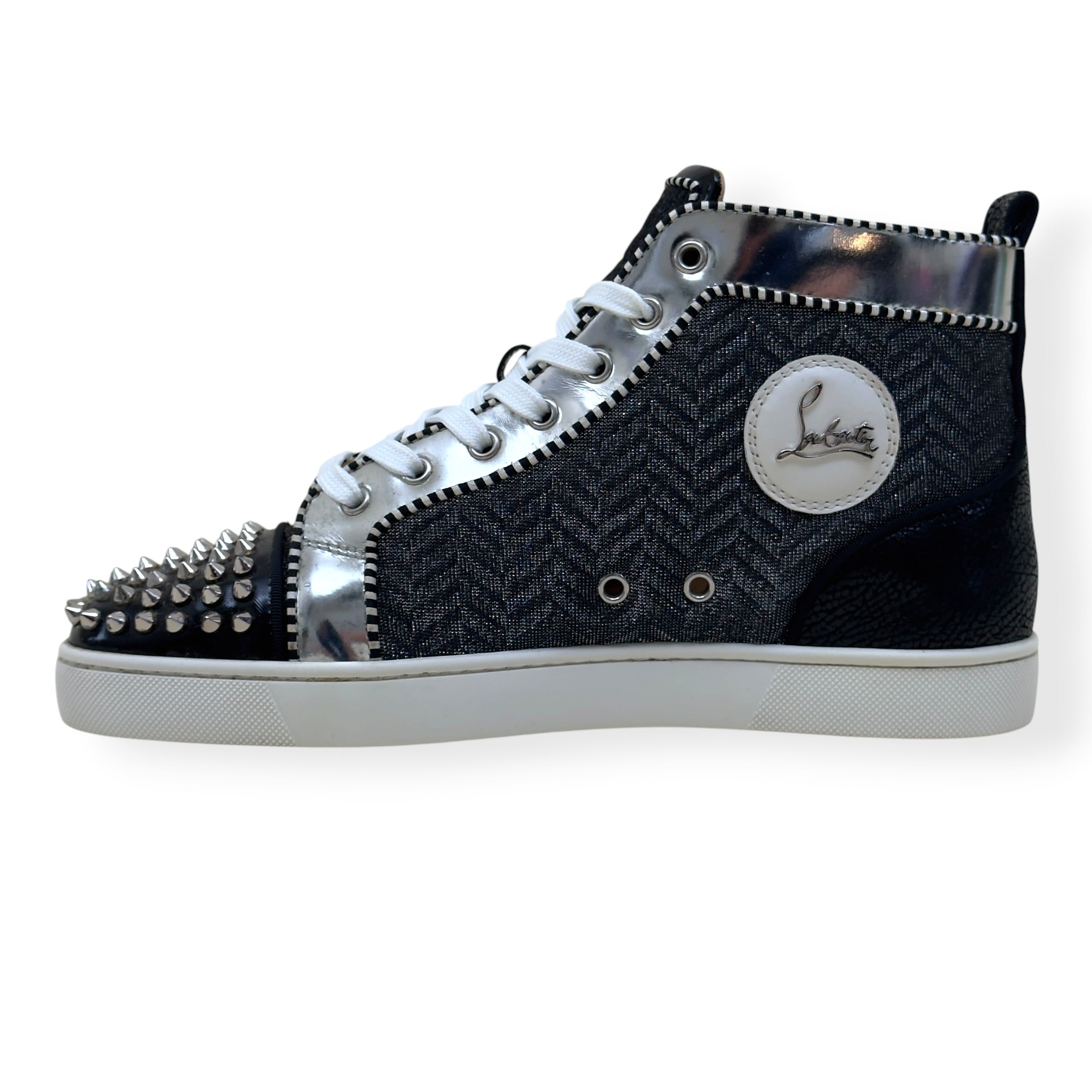 CHRISTIAN LOUBOUTIN LOUIS SPIKES HIGH TOP SNEAKER BLACK / SILVER 42 / UK8