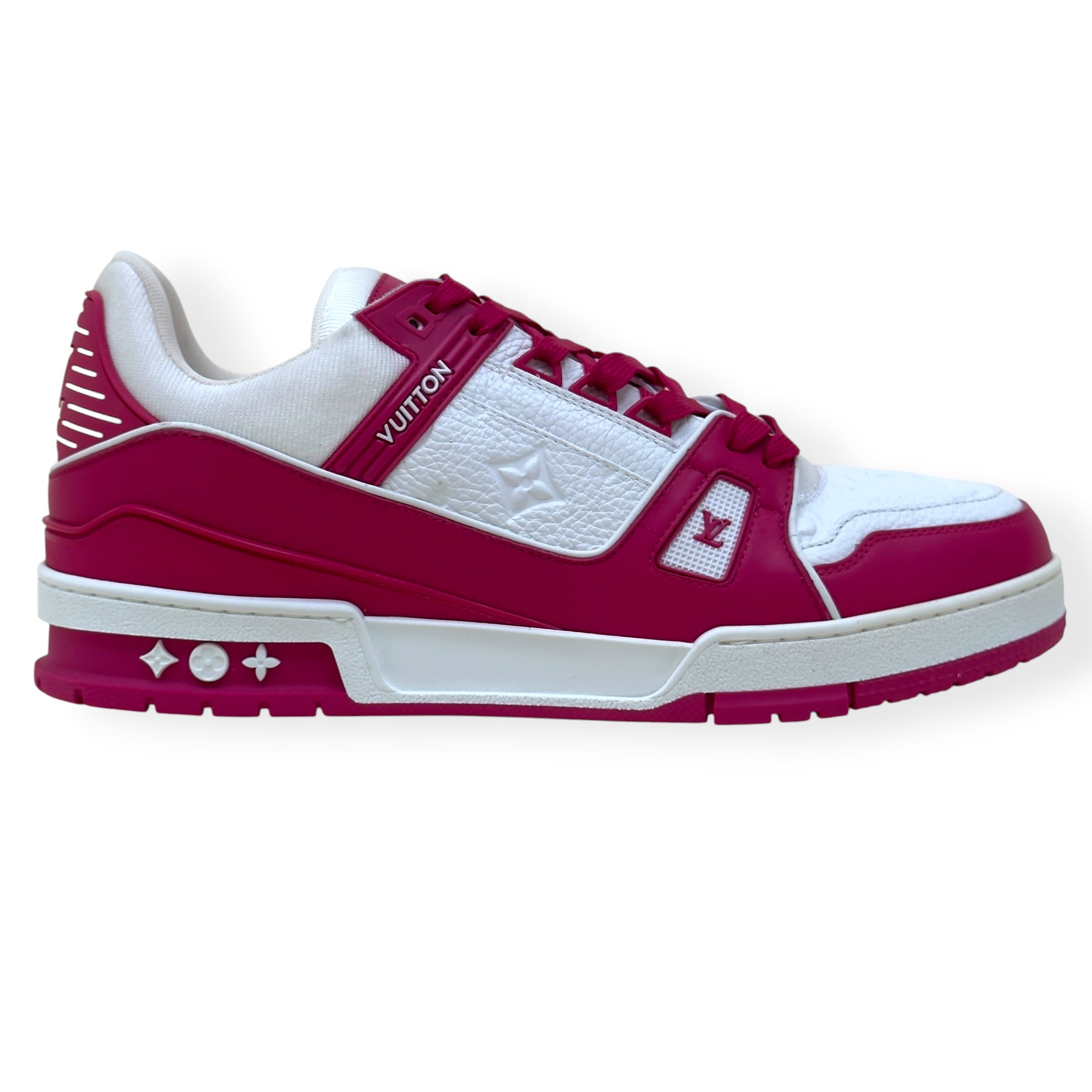 LOUIS VUITTON LV TRAINER MONOGRAM EMBOSSED SNEAKER PINK / WHITE UK9