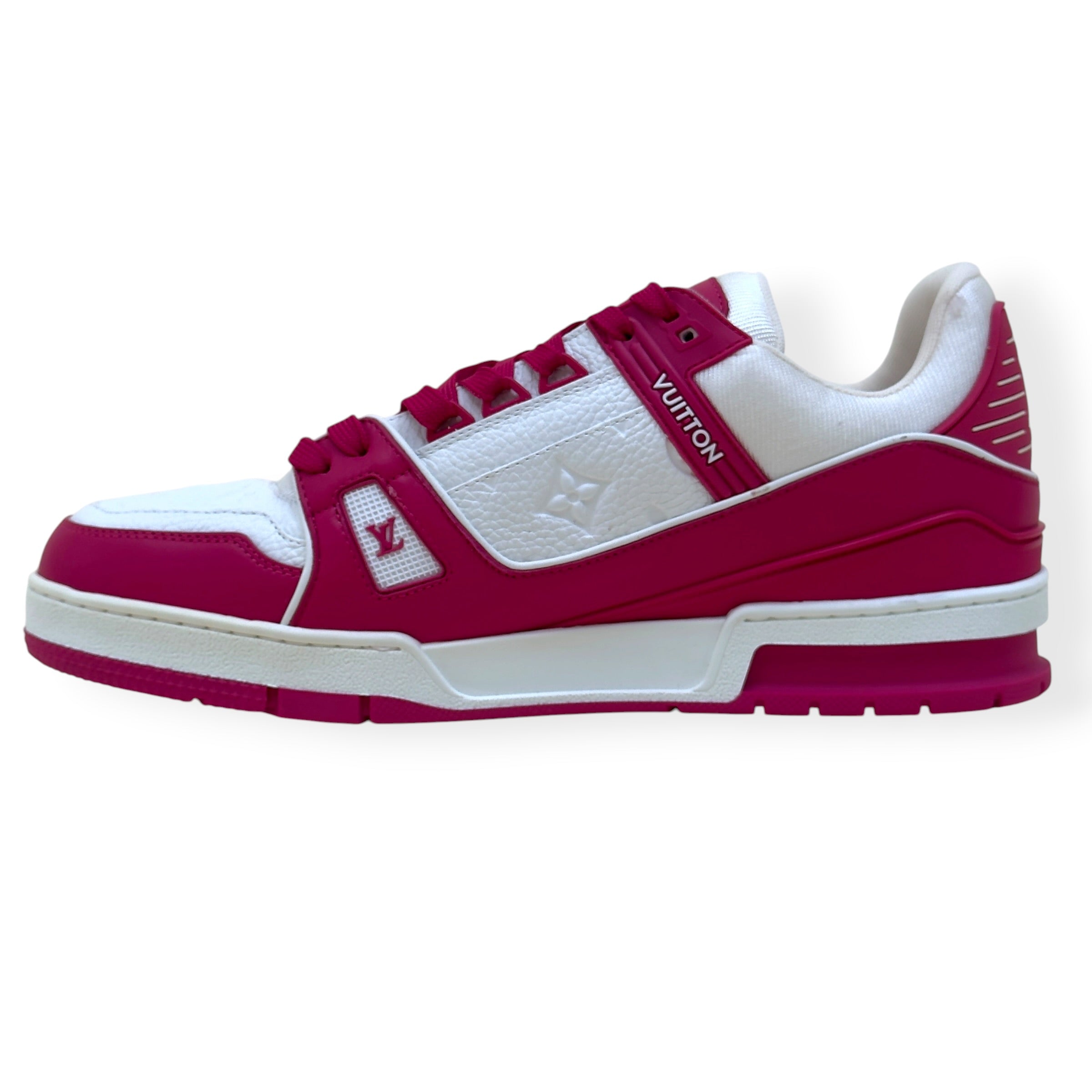 LOUIS VUITTON LV TRAINER MONOGRAM EMBOSSED SNEAKER PINK / WHITE UK9