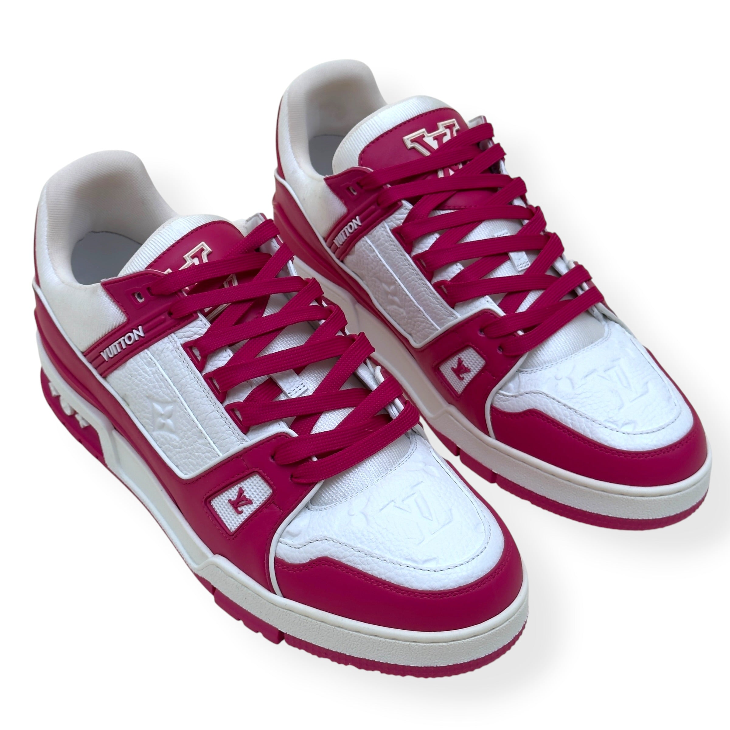 LOUIS VUITTON LV TRAINER MONOGRAM EMBOSSED SNEAKER PINK / WHITE UK9