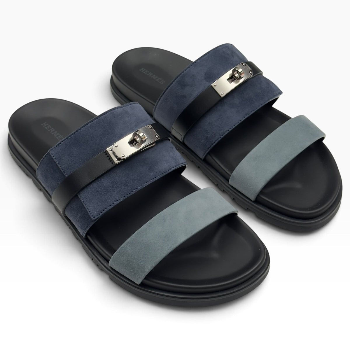 HERMES JACKSON SUEDE / LEATHER SANDALS NAVY BLEU / NOIR 44.5 / UK10.5