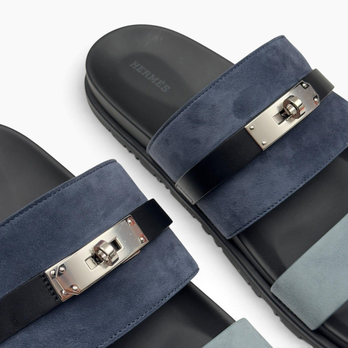 HERMES JACKSON SUEDE / LEATHER SANDALS NAVY BLEU / NOIR 44.5 / UK10.5