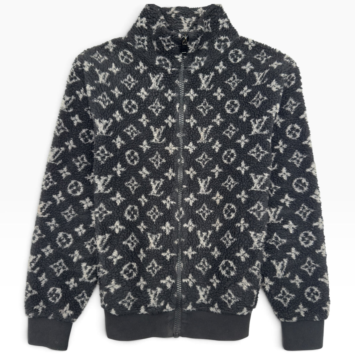 LOUIS VUITTON MONOGRAM JACQUARD FLEECE ZIP-UP JACKET BLACK / GREY M