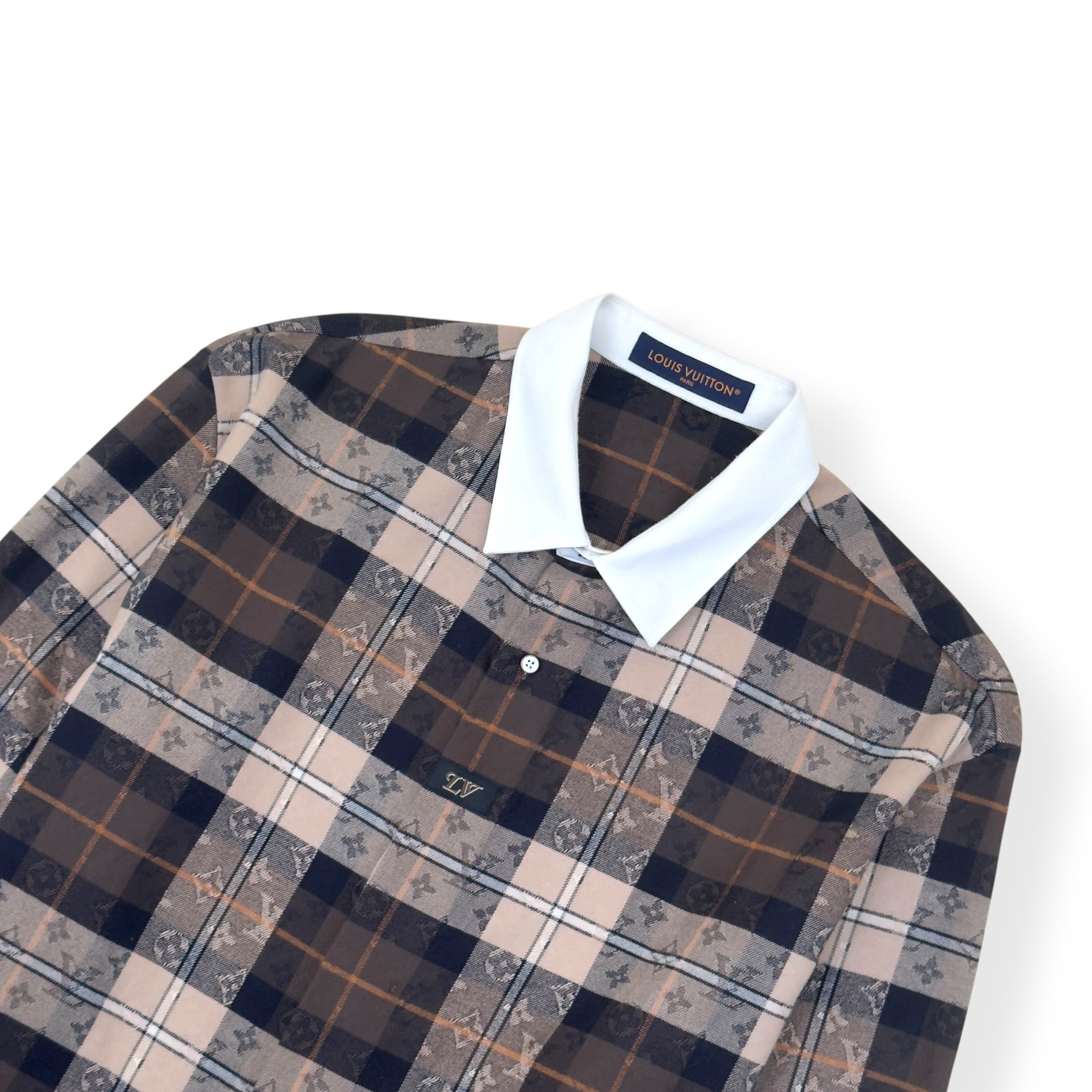 LOUIS VUITTON MONOGRAM PLAID FLANNEL SHIRT BROWN XXL