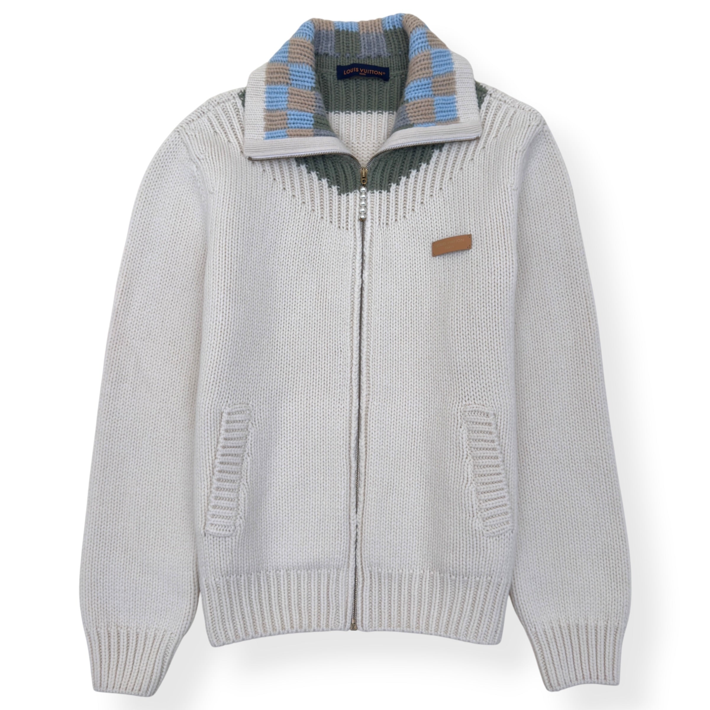 LOUIS VUITTON DAMIER ZIP-THROUGH INTARSIA KNIT JACKET ECRU XXL