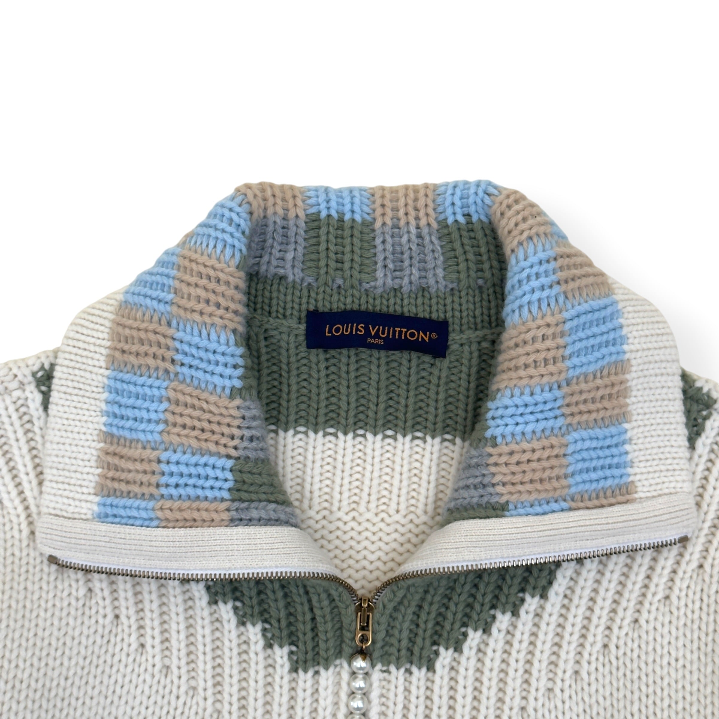 LOUIS VUITTON DAMIER ZIP-THROUGH INTARSIA KNIT JACKET ECRU XXL