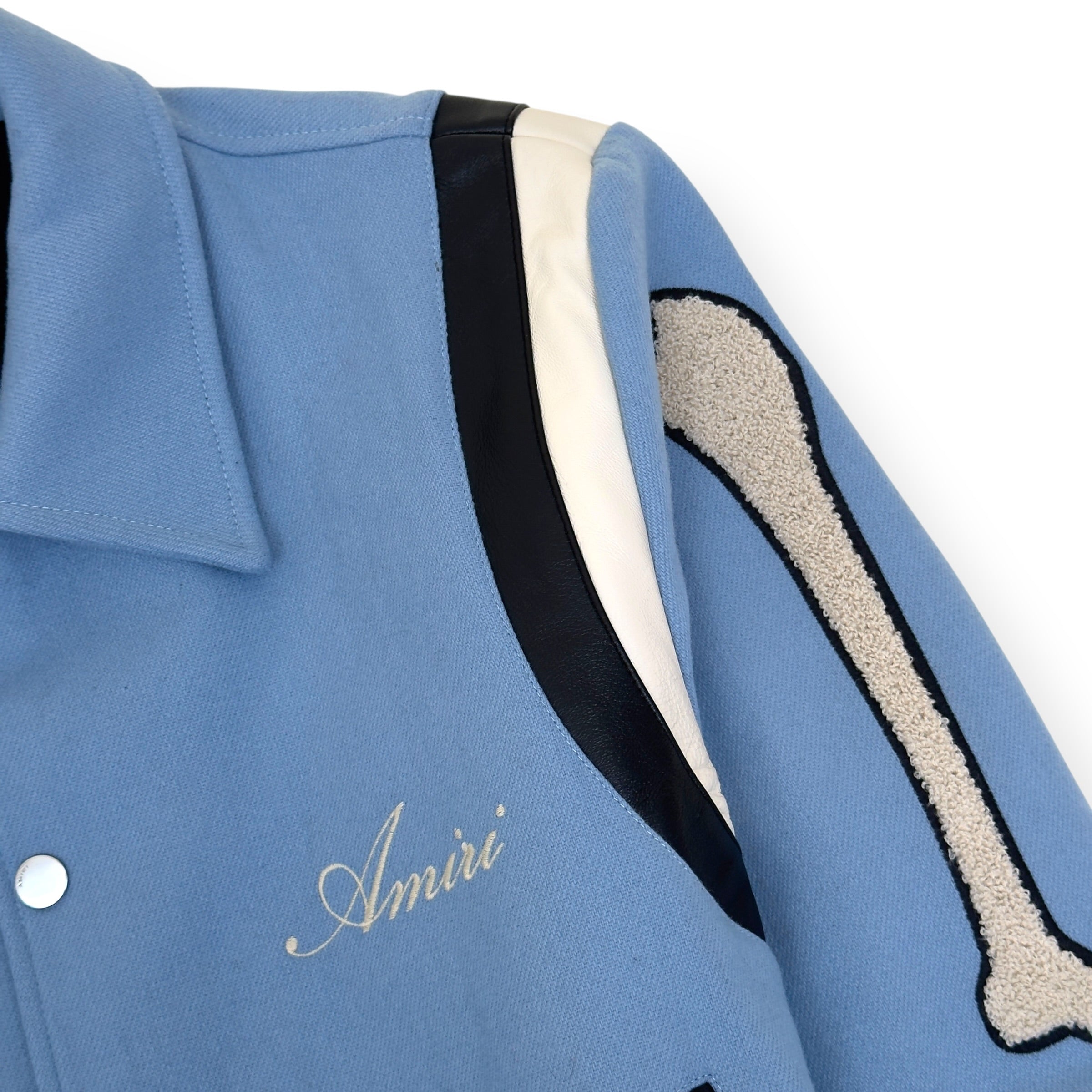 AMIRI BONES WOOL VARSITY BOMBER JACKET BABY BLUE L