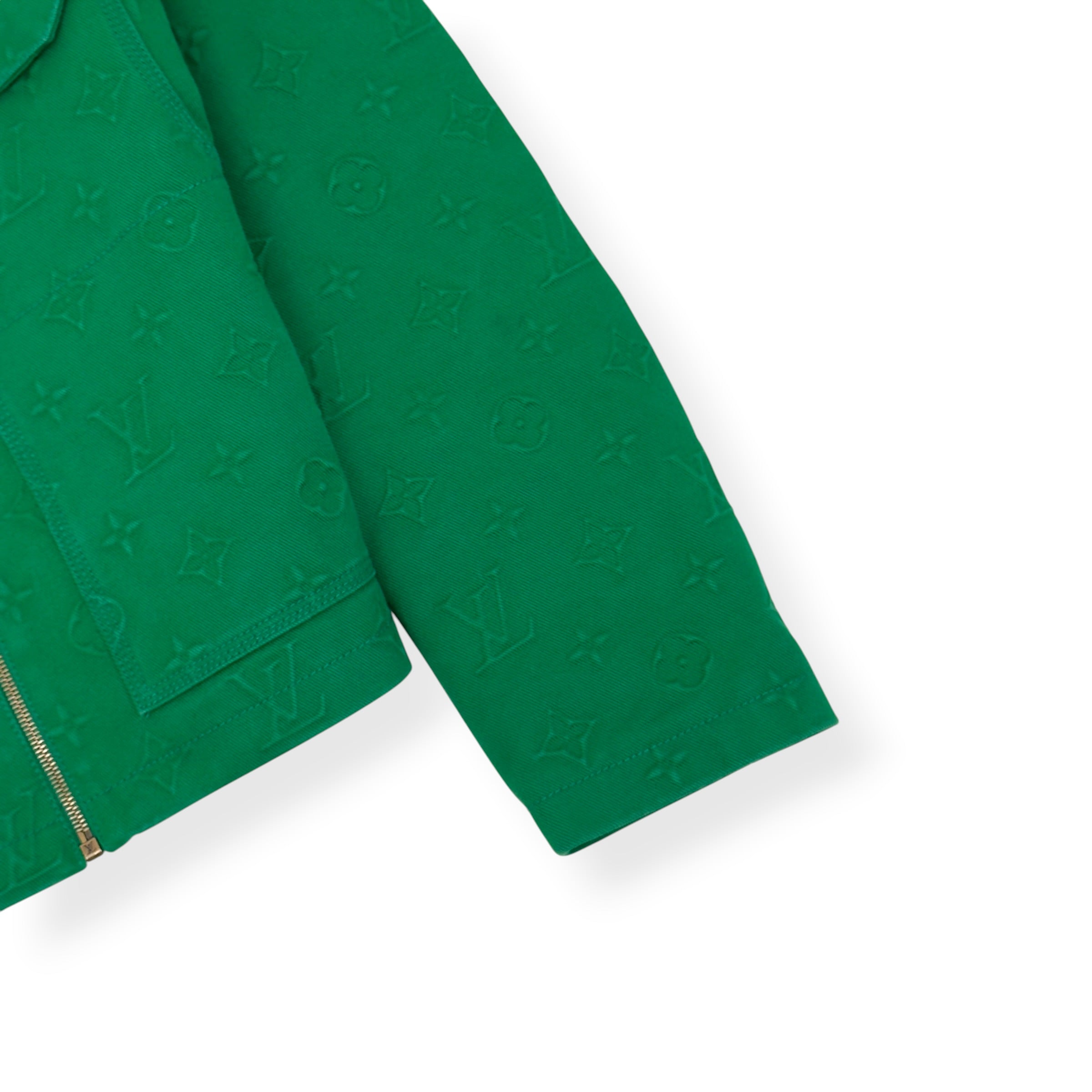 LOUIS VUITTON MONOGRAM EMBOSSED SHEARLING COLLAR ZIP JACKET GREEN 50 / M