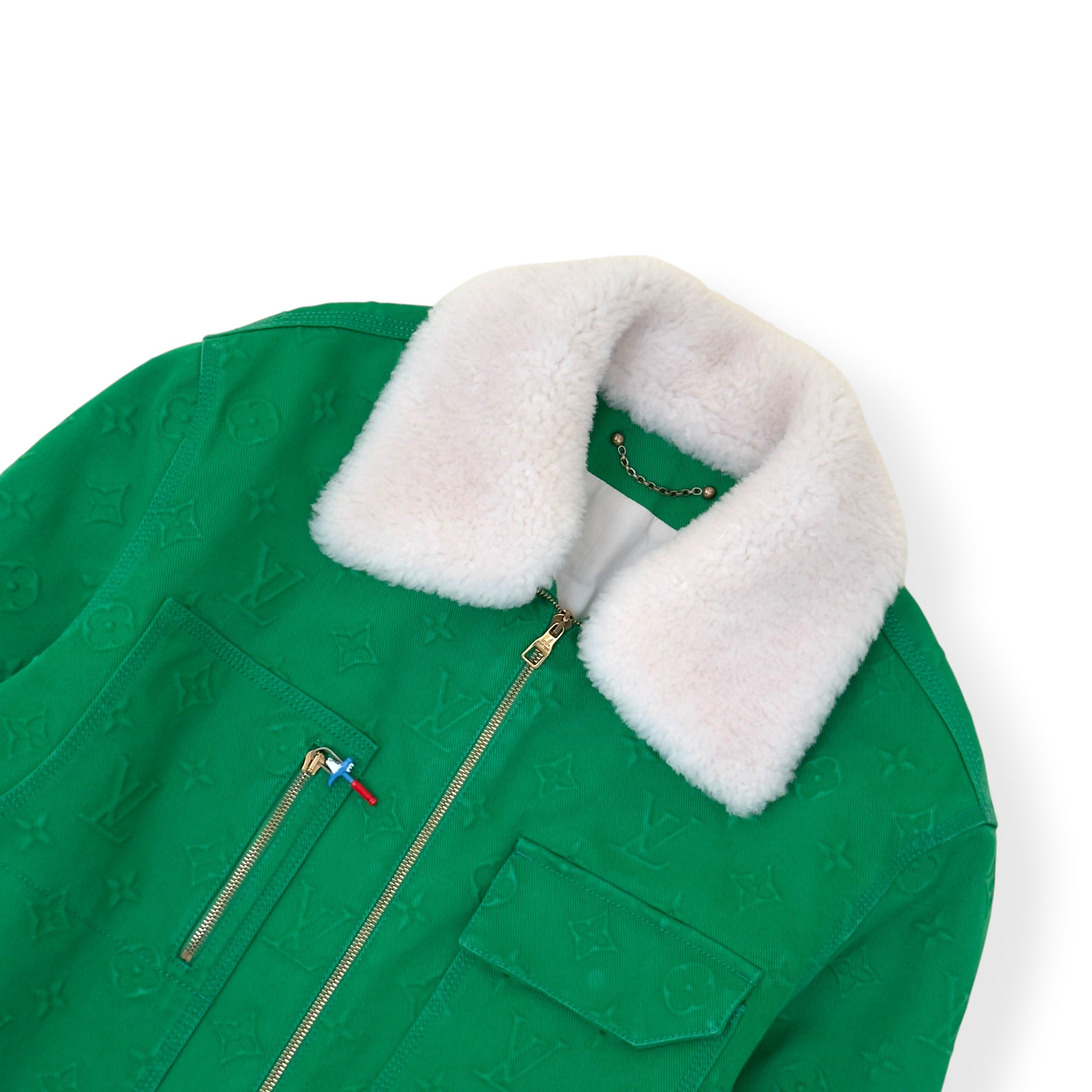 LOUIS VUITTON MONOGRAM EMBOSSED SHEARLING COLLAR ZIP JACKET GREEN 50 / M