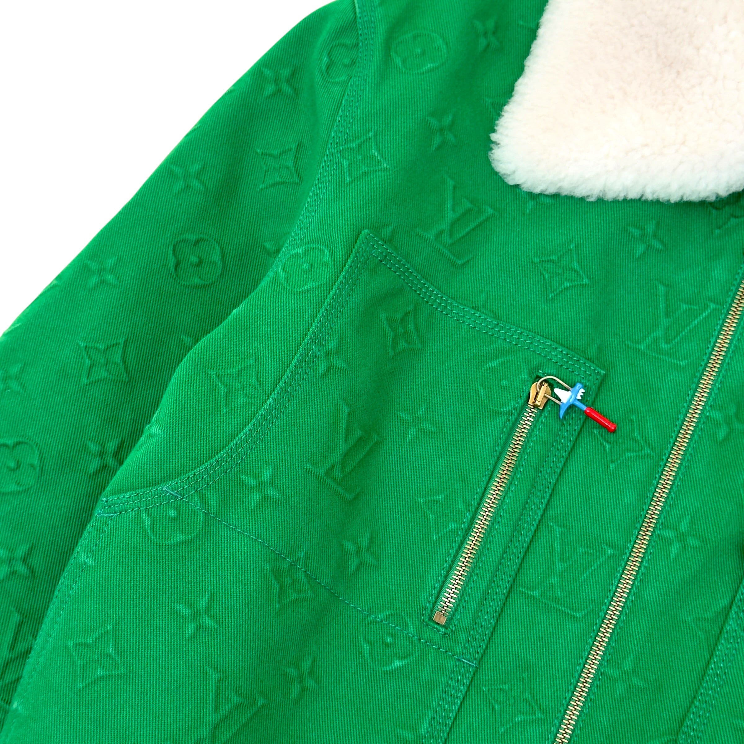 LOUIS VUITTON MONOGRAM EMBOSSED SHEARLING COLLAR ZIP JACKET GREEN 50 / M