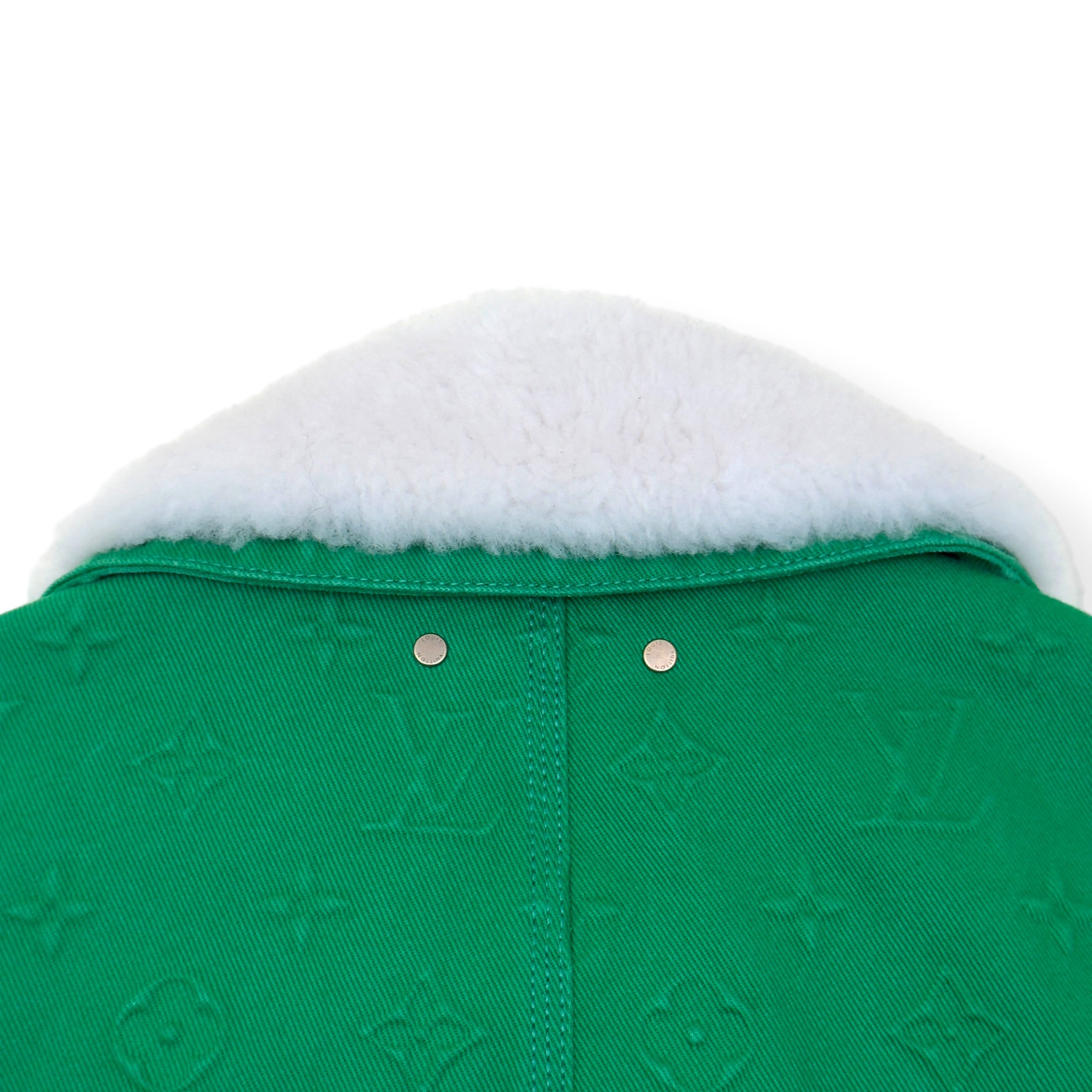 LOUIS VUITTON MONOGRAM EMBOSSED SHEARLING COLLAR ZIP JACKET GREEN 50 / M