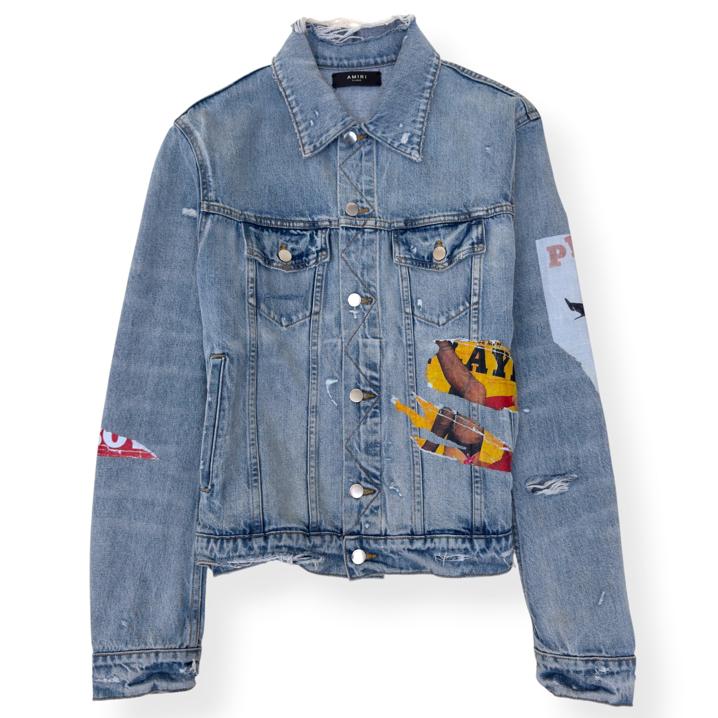 AMIRI X PLAYBOY MAGAZINE DISTRESSED DENIM JACKET BLUE XL