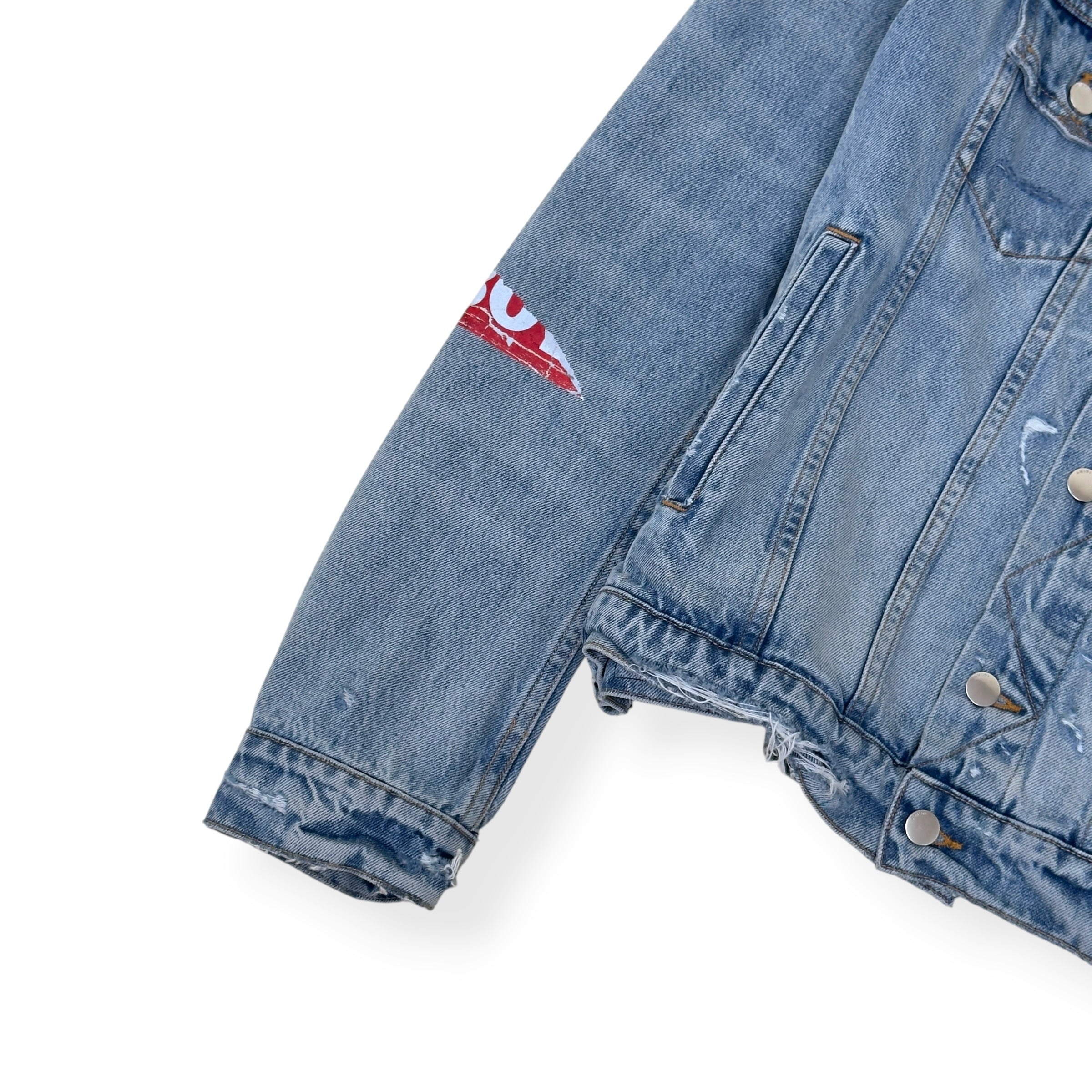 AMIRI X PLAYBOY MAGAZINE DISTRESSED DENIM JACKET BLUE XL