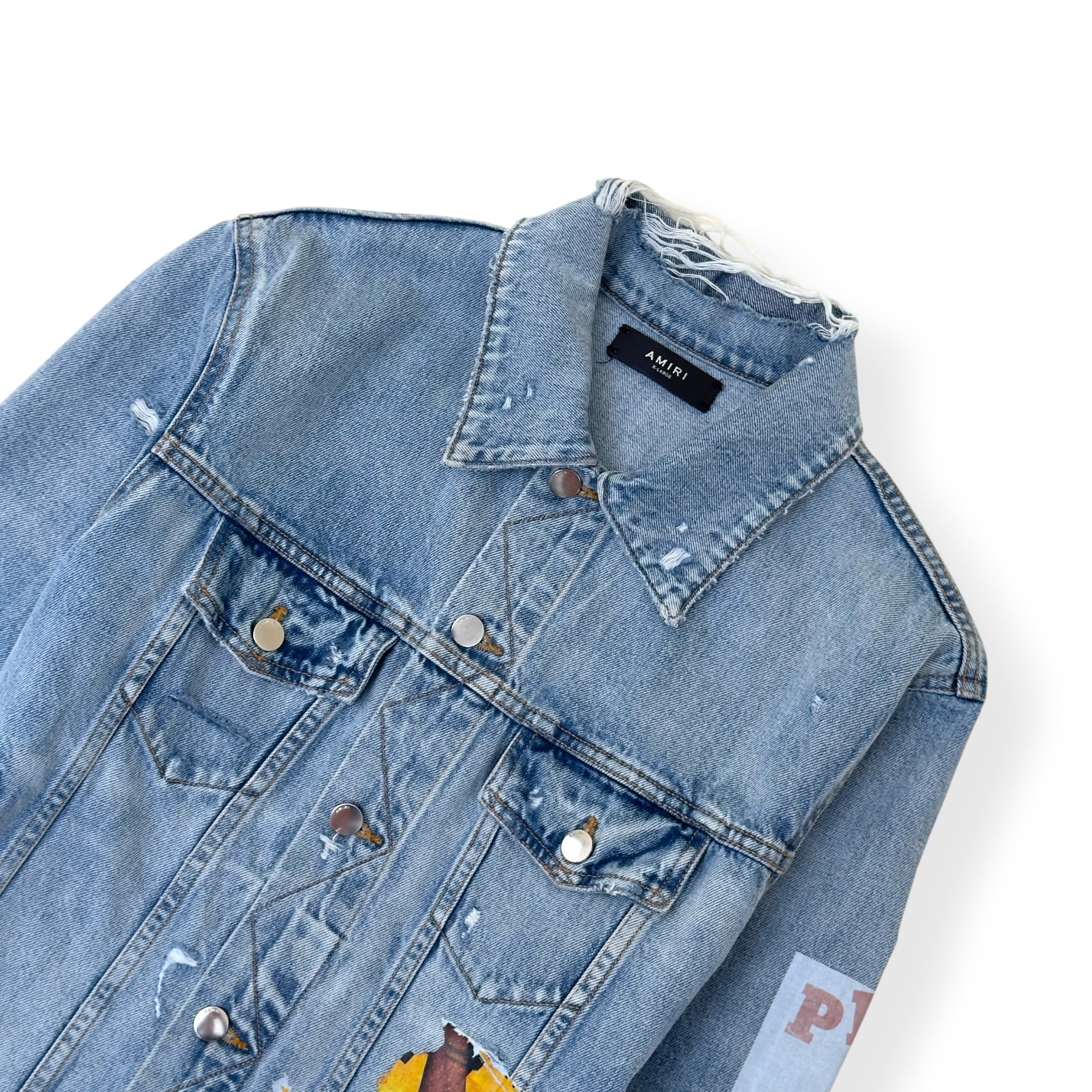 AMIRI X PLAYBOY MAGAZINE DISTRESSED DENIM JACKET BLUE XL