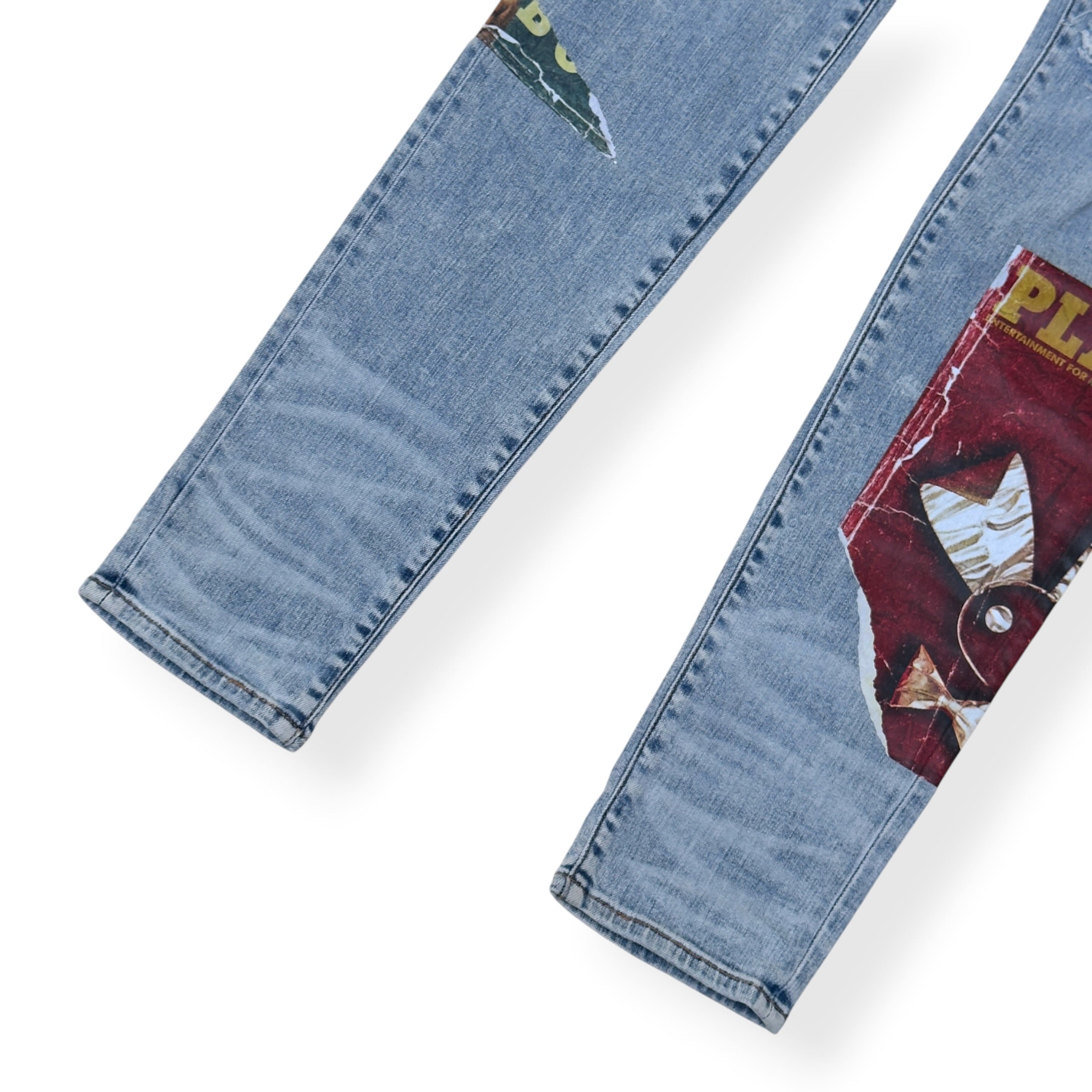 AMIRI X PLAYBOY MAGAZINE DISTRESSED SKINNY DENIM JEANS BLUE W33 / M