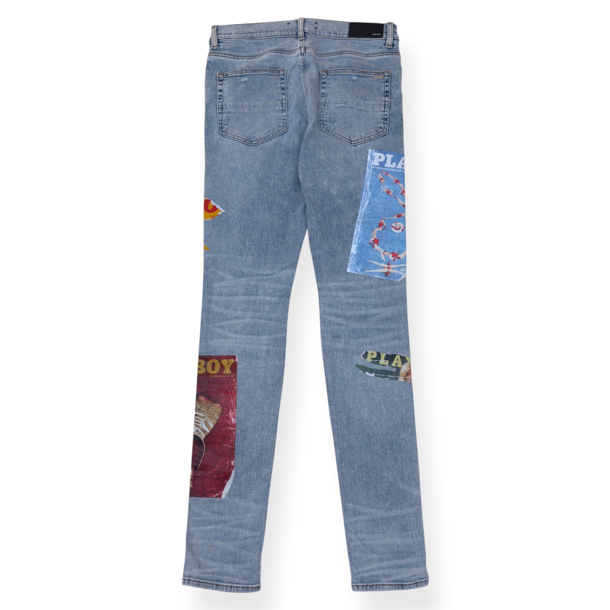 AMIRI X PLAYBOY MAGAZINE DISTRESSED SKINNY DENIM JEANS BLUE W33 / M