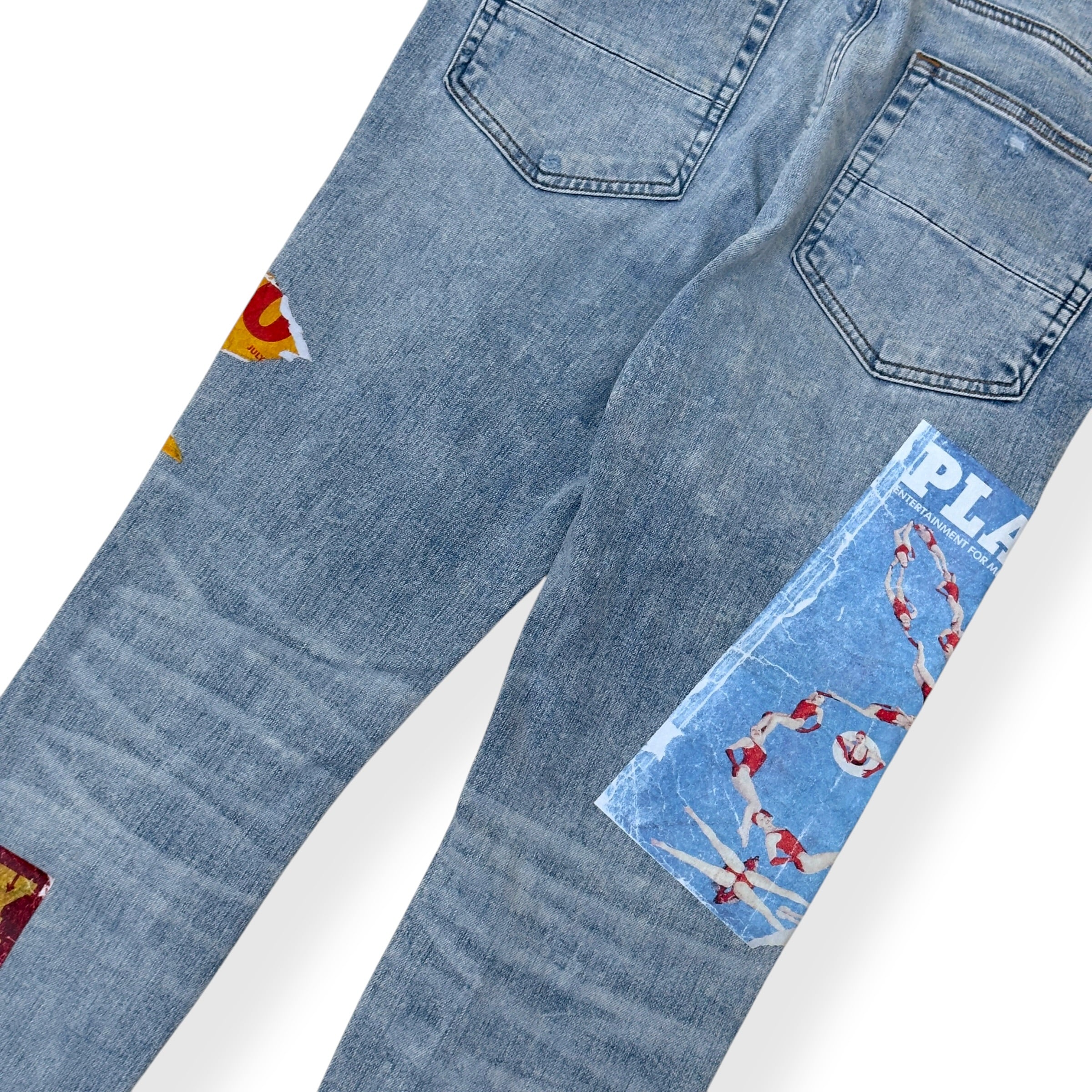 AMIRI X PLAYBOY MAGAZINE DISTRESSED SKINNY DENIM JEANS BLUE W33 / M