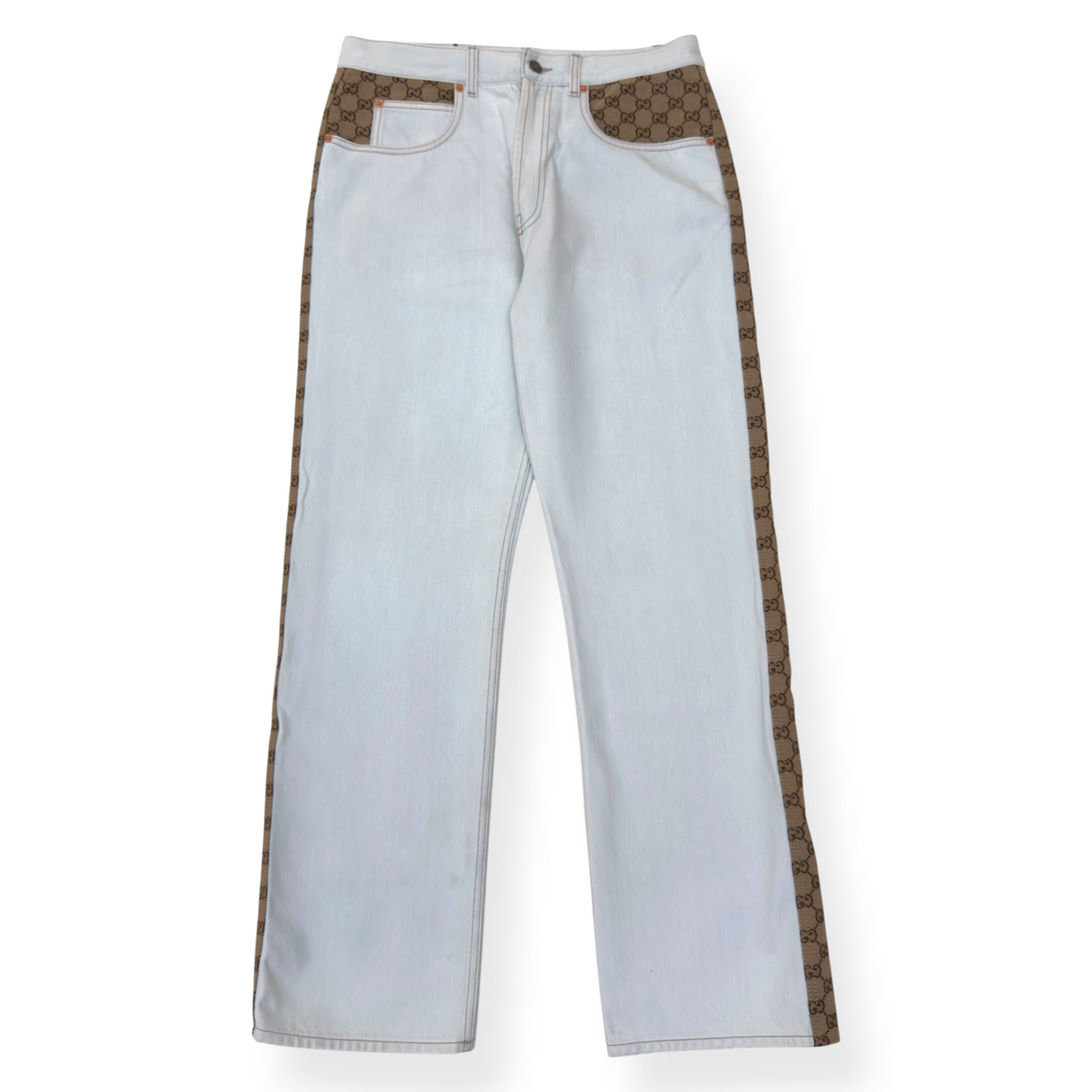 GUCCI GG CANVAS PANEL STRAIGHT LEG JEANS WHITE / BEIGE W34 / L