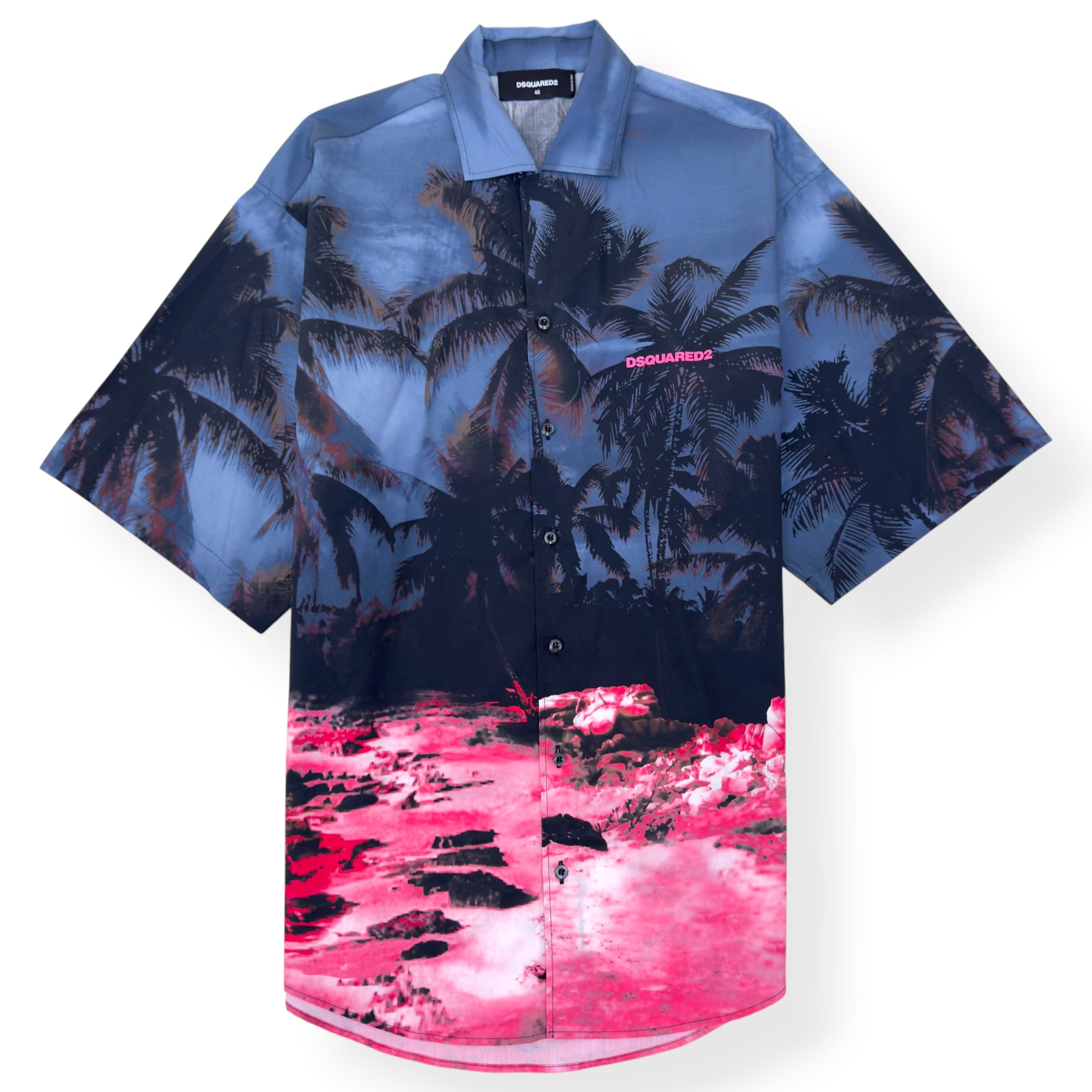 DSQUARED2 BOWLING DROPPED PALM TREE PRINT SHORT-SLEEVE SHIRT PINK / BLUE 46 / M