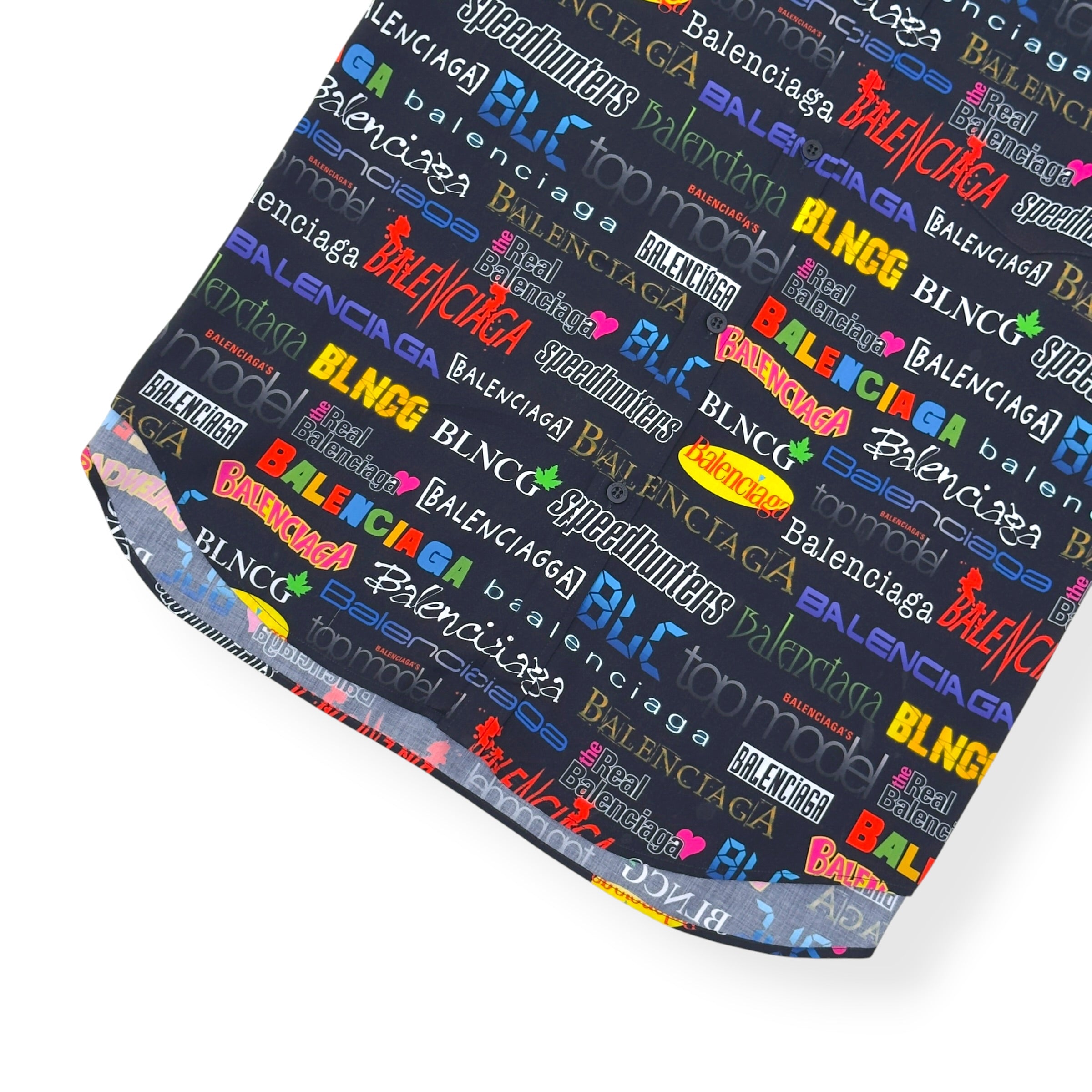 BALENCIAGA ALL OVER LOGO PRINT SHORT-SLEEVE SHIRT BLACK / MULTICOLOURED 38 / M