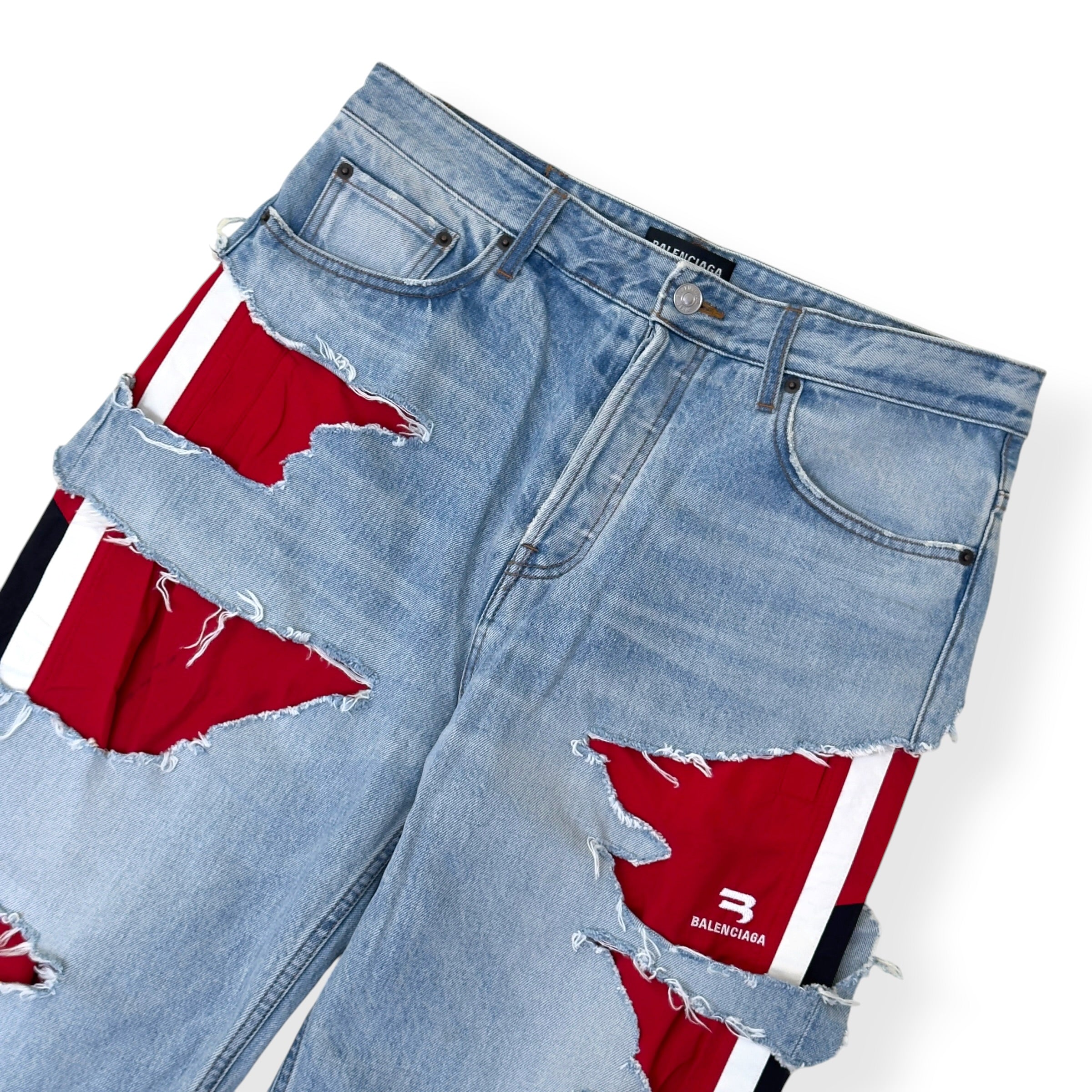 BALENCIAGA SPORTY B TRACKSUIT DENIM HYBRID JEANS BLUE / RED M