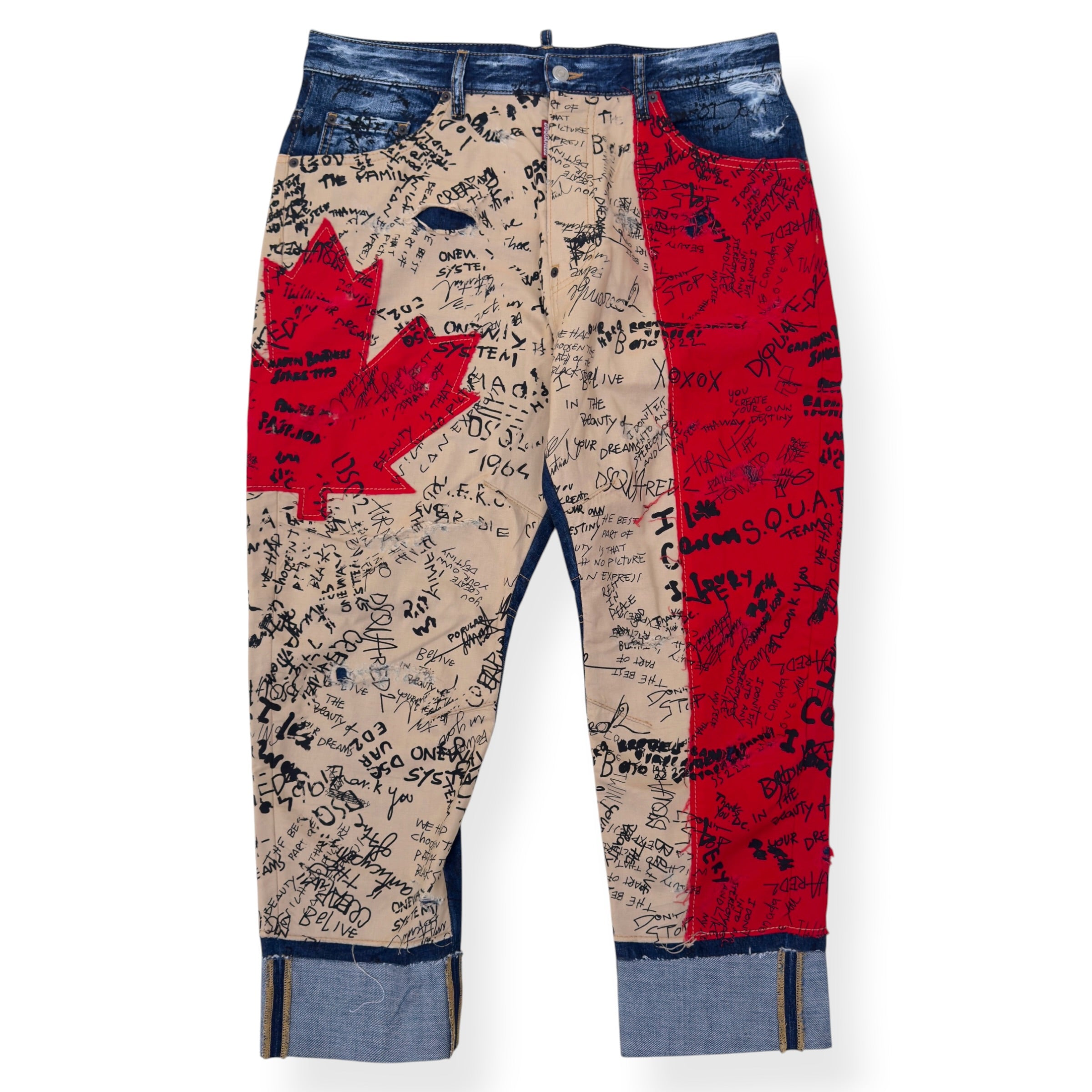 DSQUARED2 CROPPED CANADIAN FLAG GRAFFITI DENIM JEANS BLUE / RED / BEIGE 50 / L