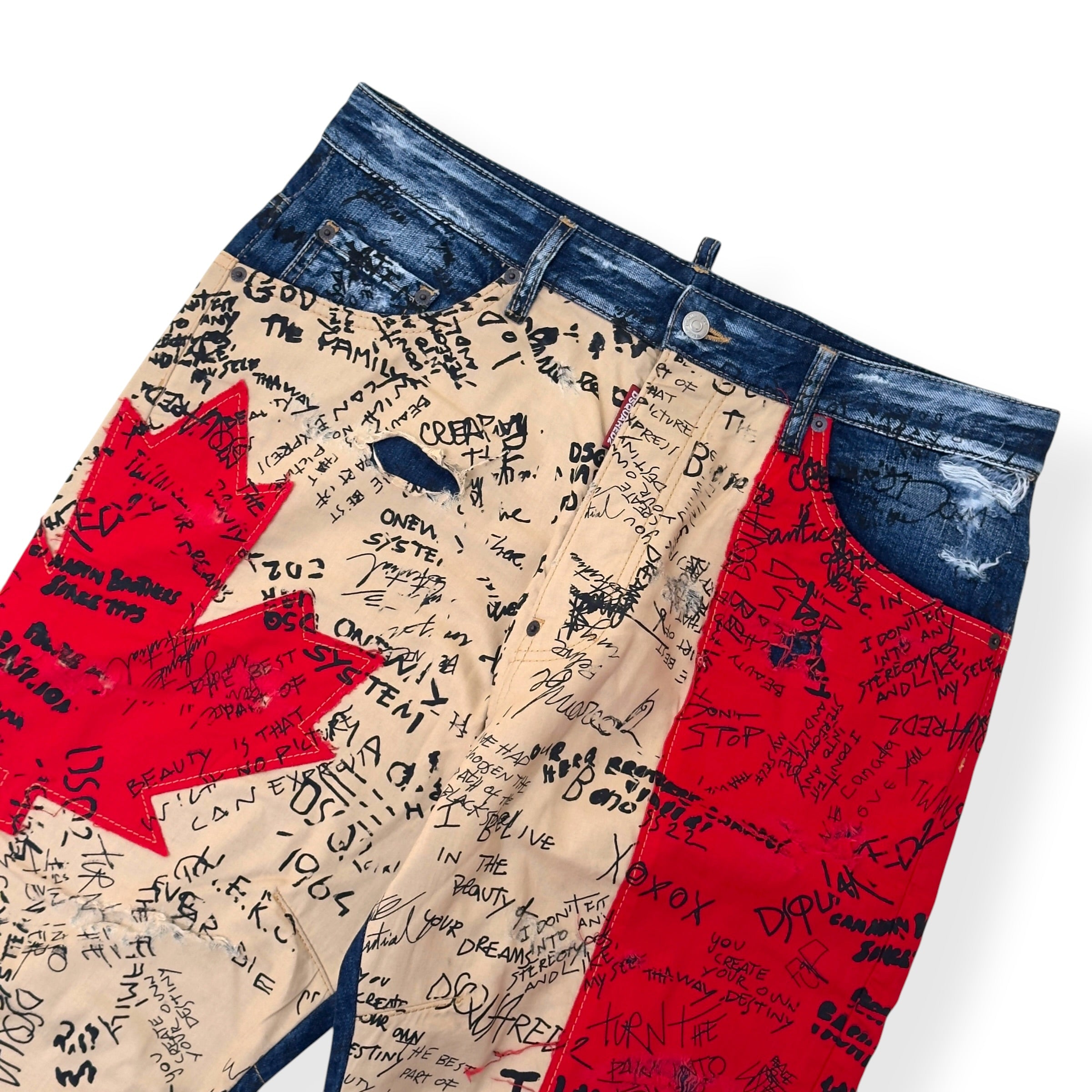 DSQUARED2 CROPPED CANADIAN FLAG GRAFFITI DENIM JEANS BLUE / RED / BEIGE 50 / L
