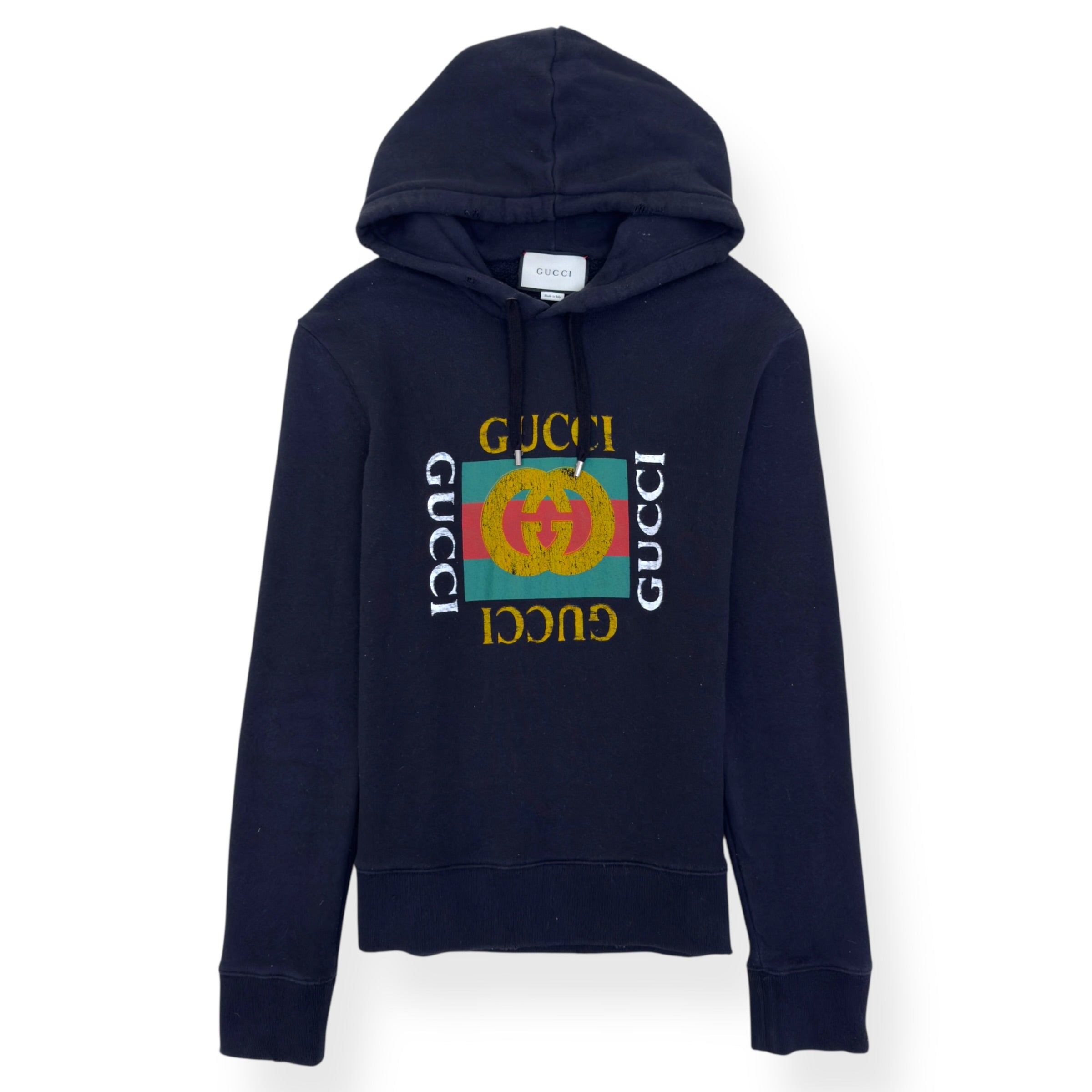 GUCCI LOGO PRINT DISTRESSED HOODIE BLACK M