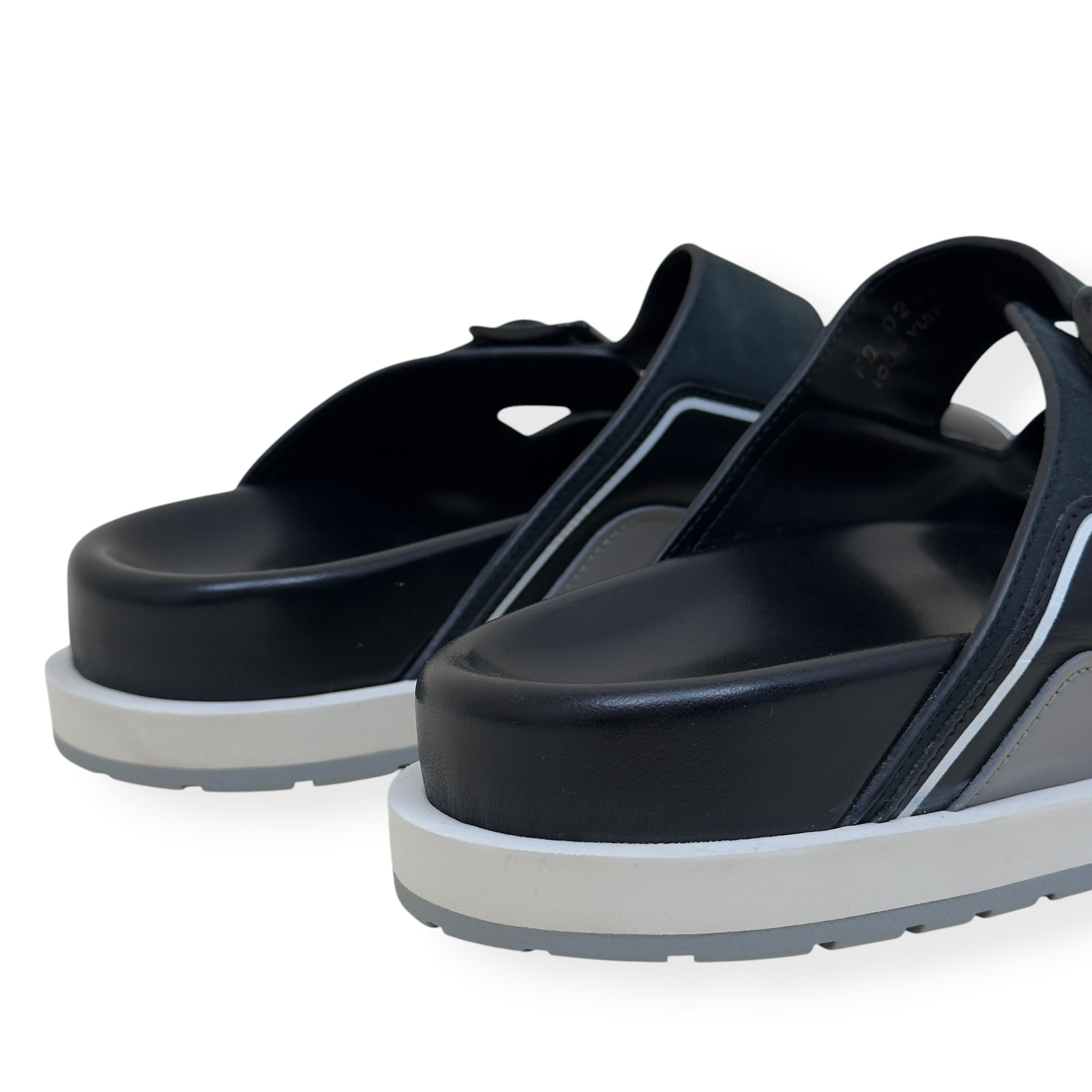 LOUIS VUITTON SCRIPT LOGO LEATHER MULES BLACK / GREY UK10