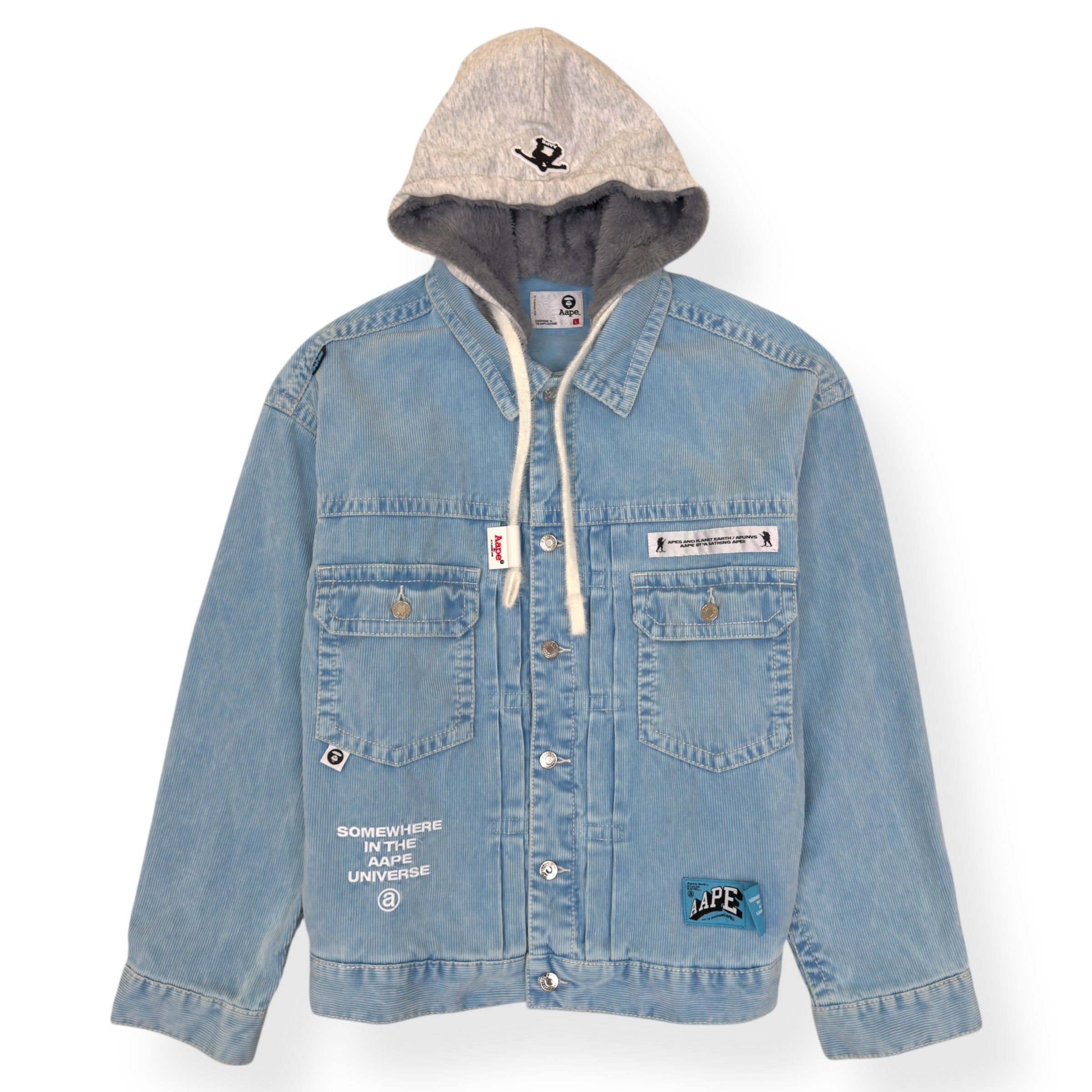 A BATHING APE MOONFACE LOGO HOODED DENIM JACKET INDIGO BLUE L