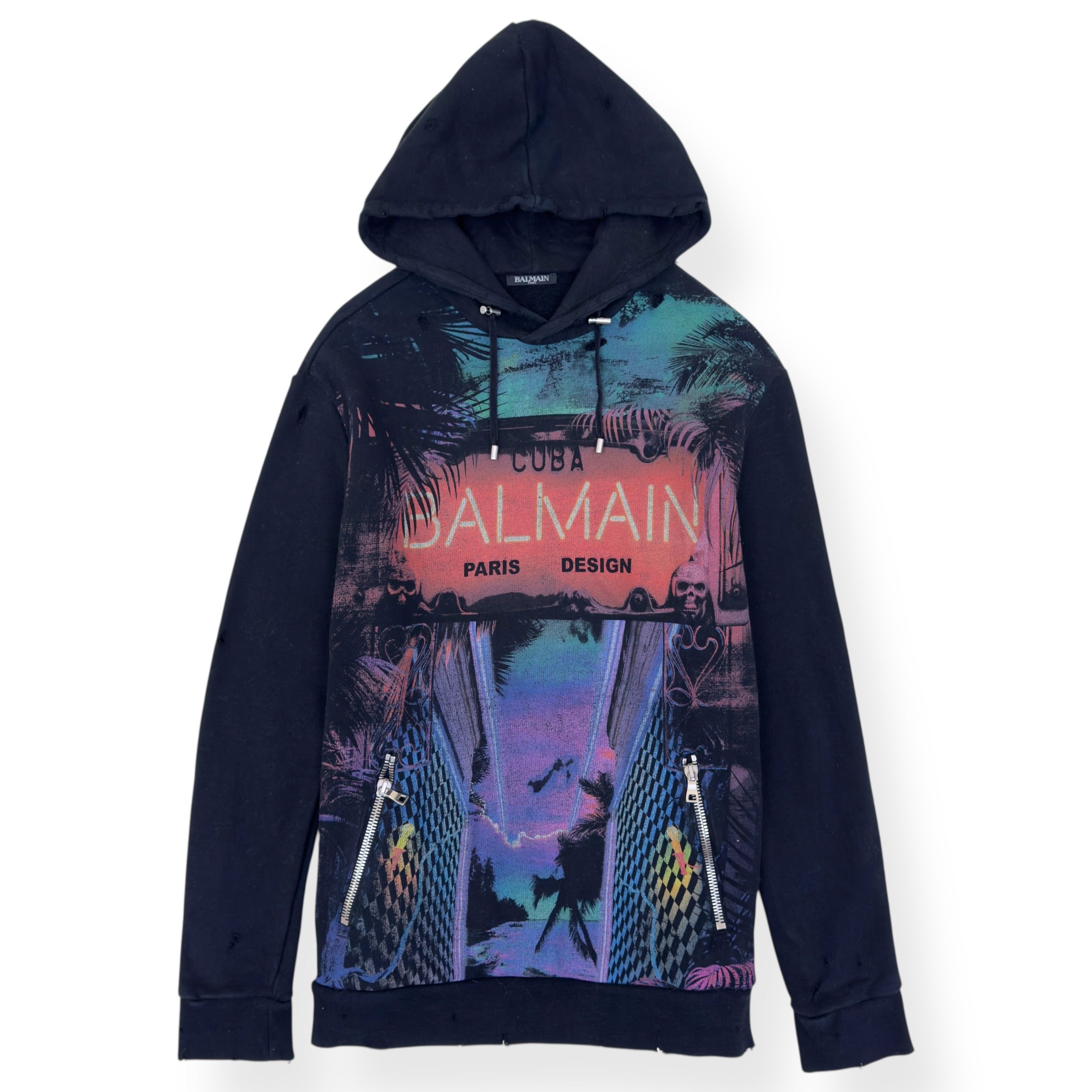 BALMAIN ‘CUBA’ COTTON HOODIE BLACK / MULTICOLOURED M