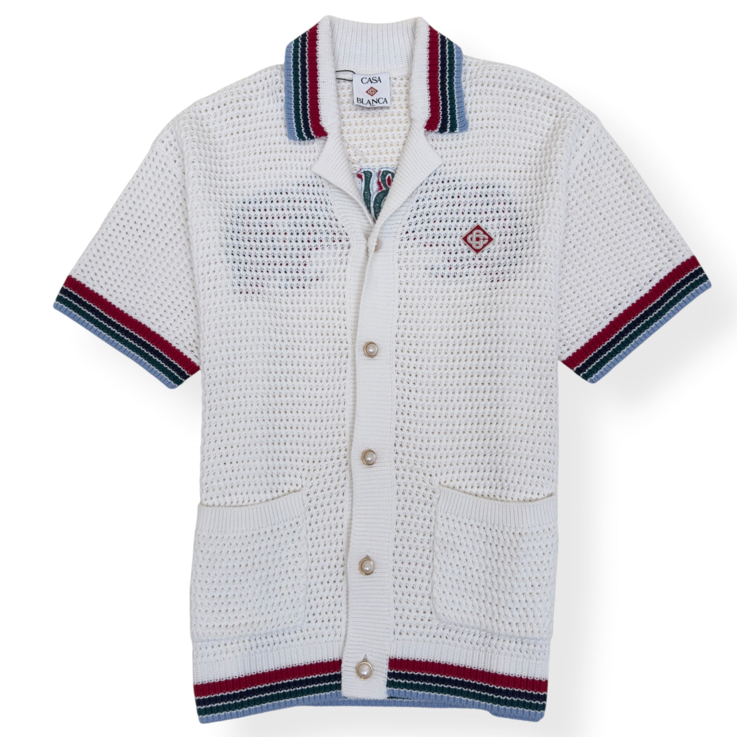 CASABLANCA CROCHET KNIT POLO SHIRT WHITE M