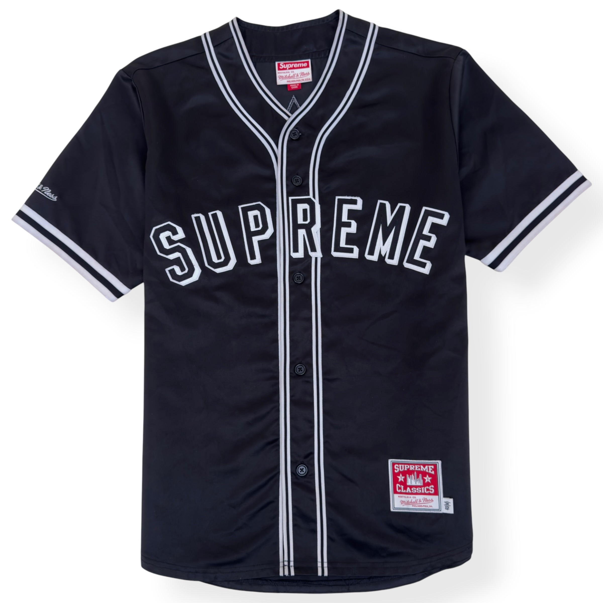 SUPREME MITCHELL & NESS SATIN BASEBALL JERSEY BLACK M