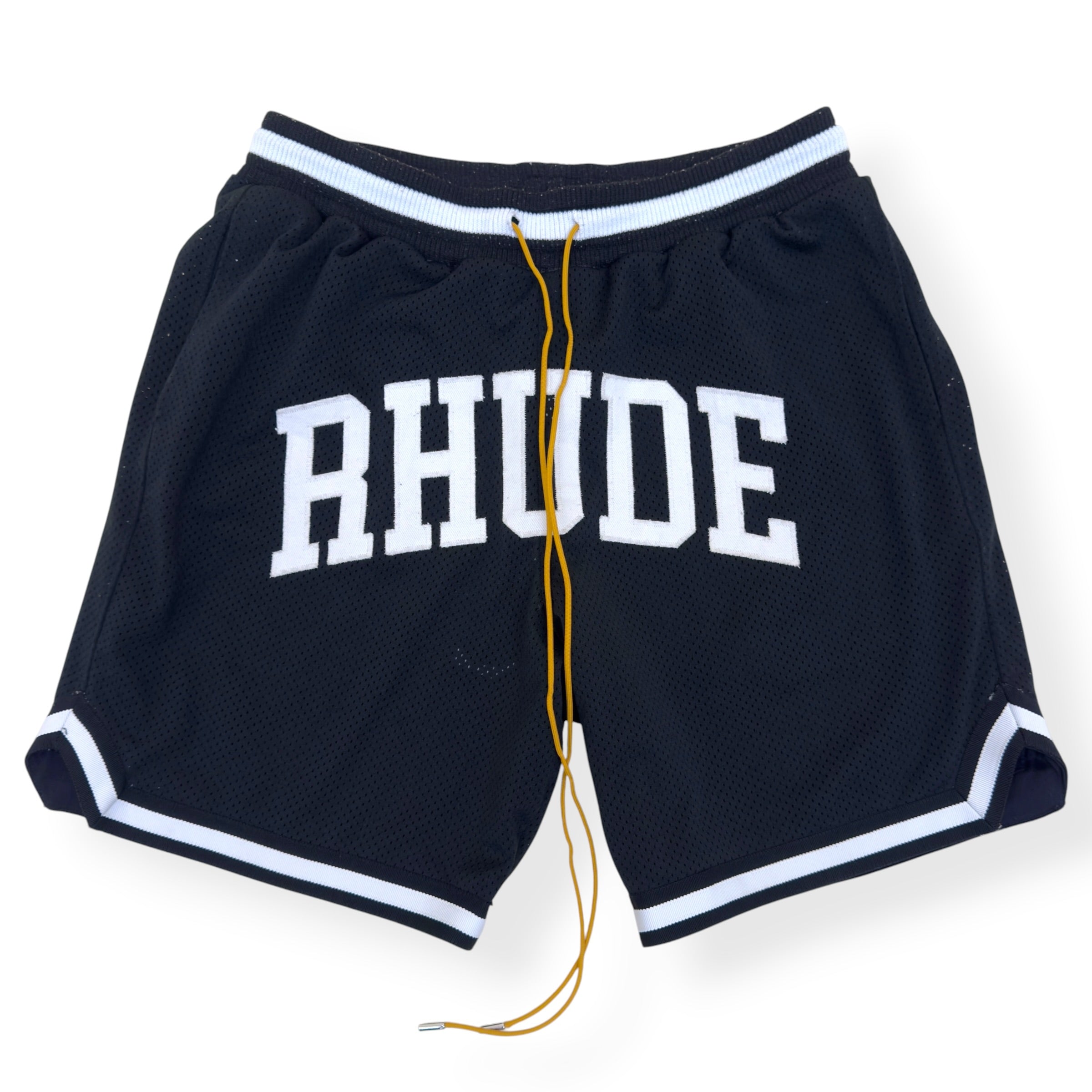 RHUDE ARCH LOGO MESH BASKETBALL SHORTS BLACK L