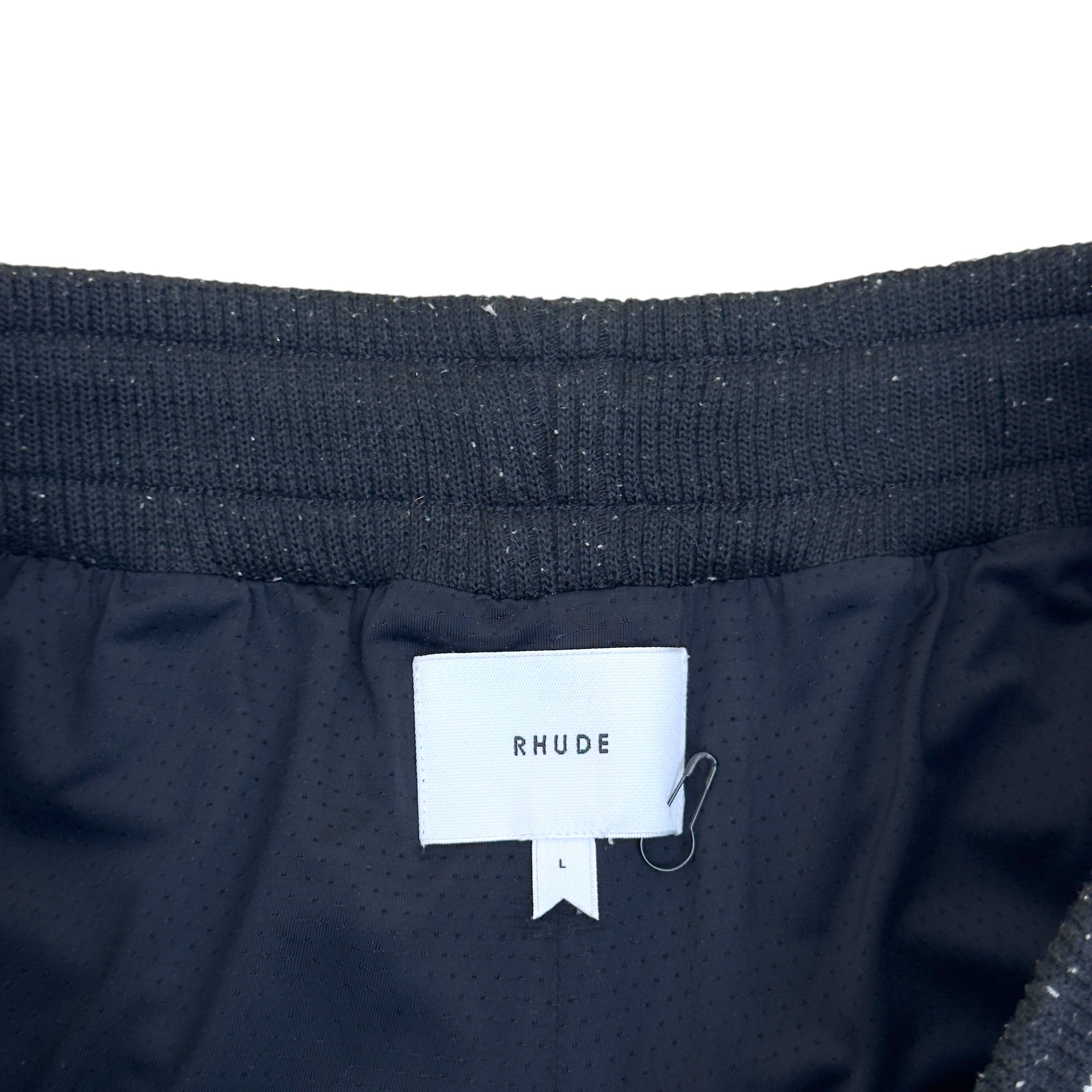 RHUDE ARCH LOGO MESH BASKETBALL SHORTS BLACK L