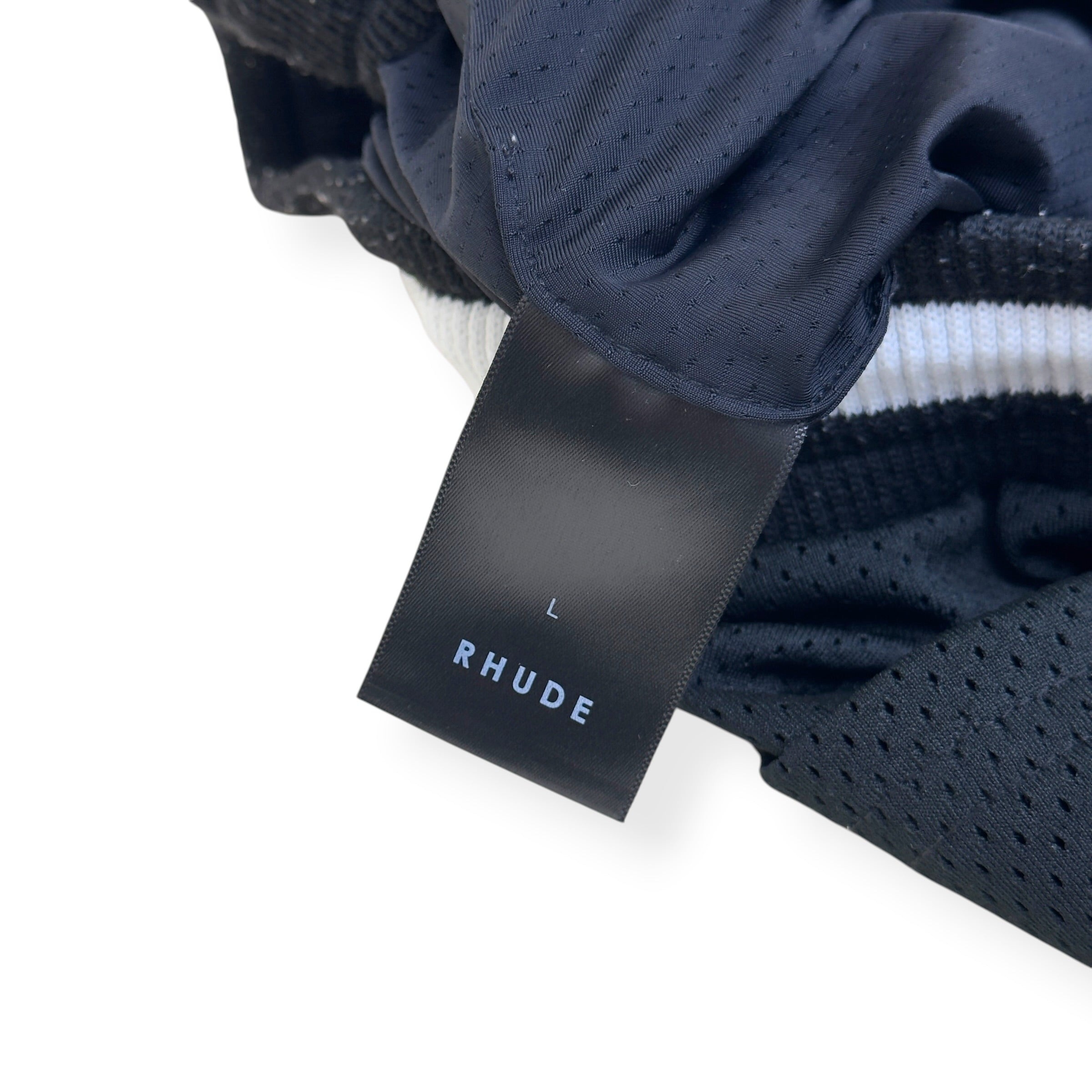 RHUDE ARCH LOGO MESH BASKETBALL SHORTS BLACK L