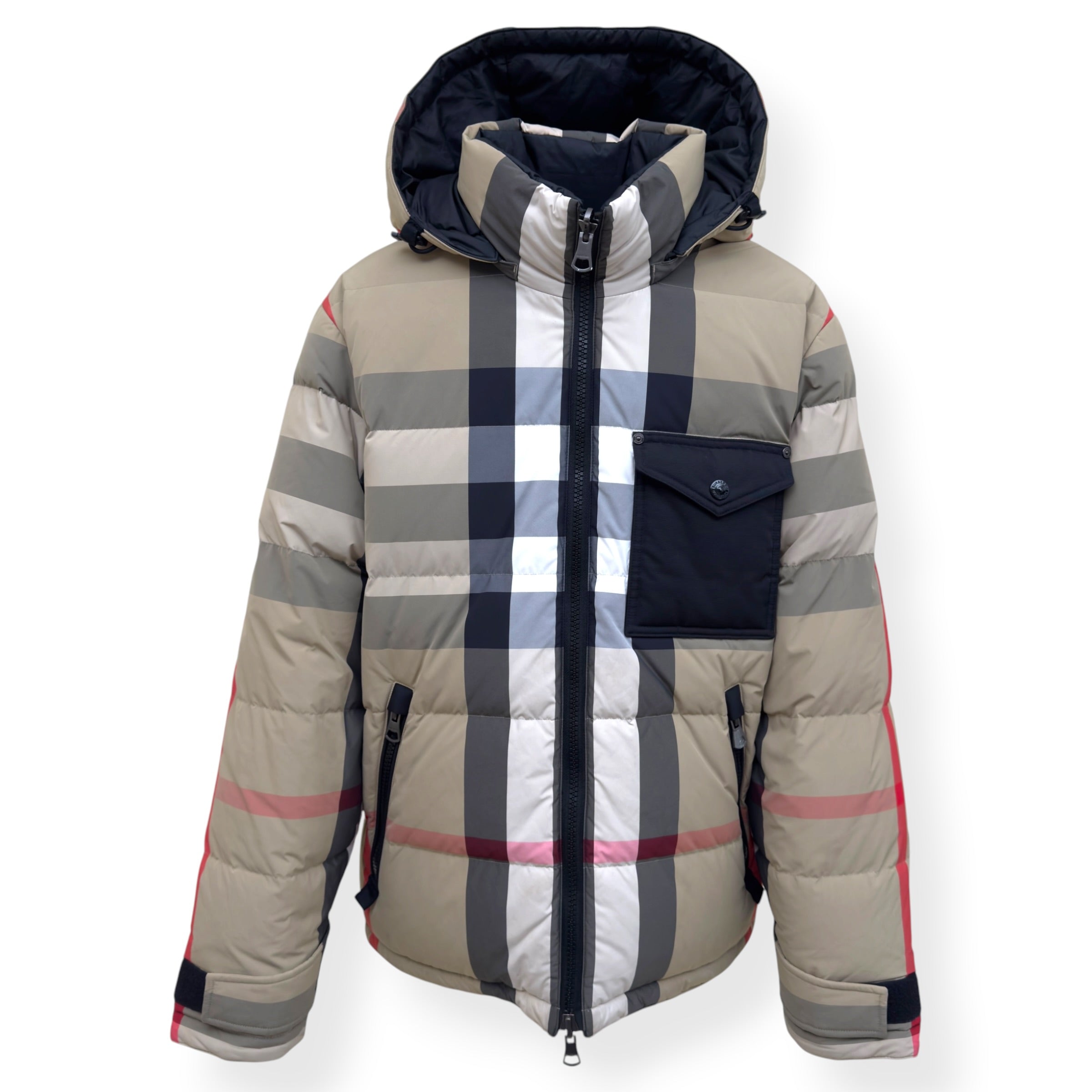 BURBERRY REVERSIBLE CHECK HOODED PUFFER JACKET BEIGE / BLACK M