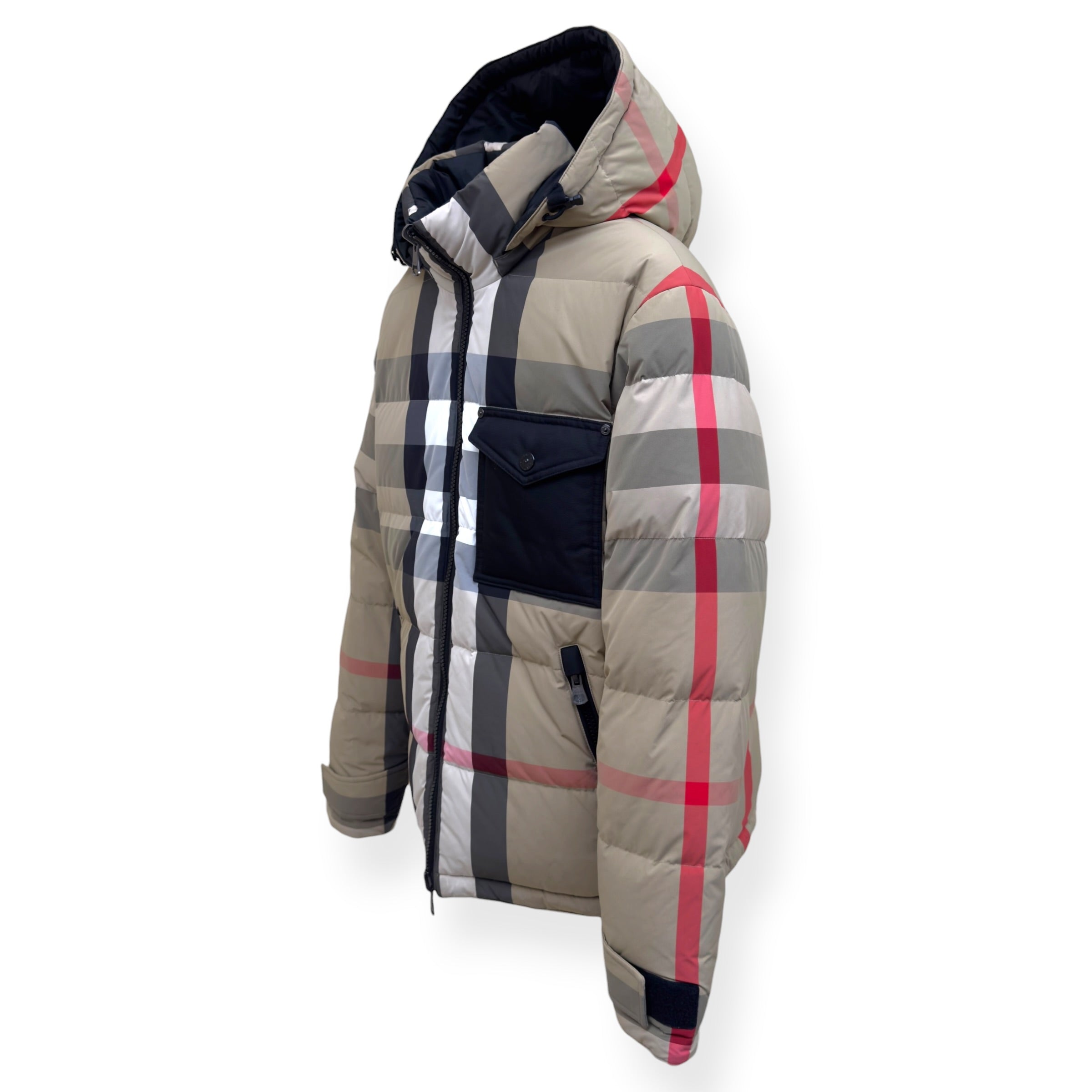 BURBERRY REVERSIBLE CHECK HOODED PUFFER JACKET BEIGE / BLACK M