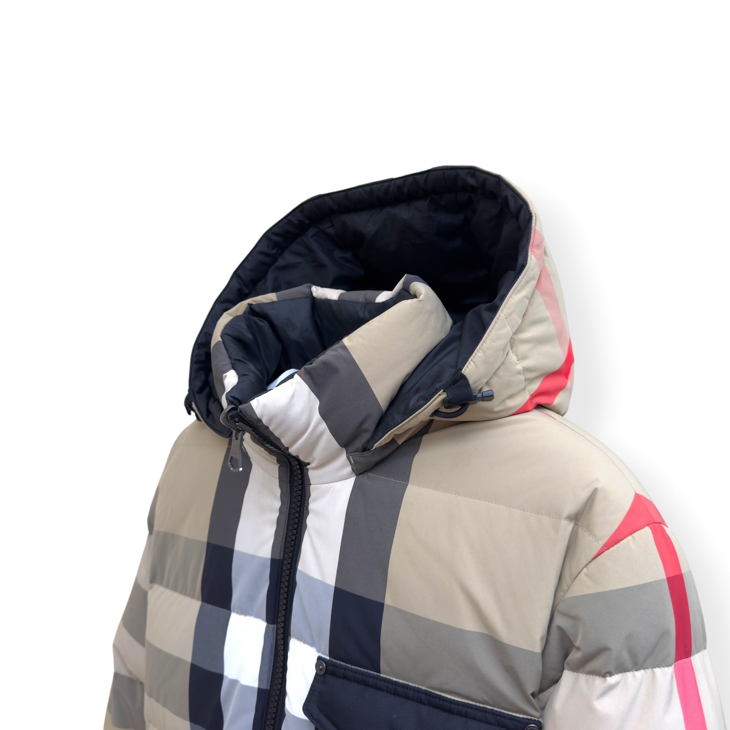 BURBERRY REVERSIBLE CHECK HOODED PUFFER JACKET BEIGE / BLACK M