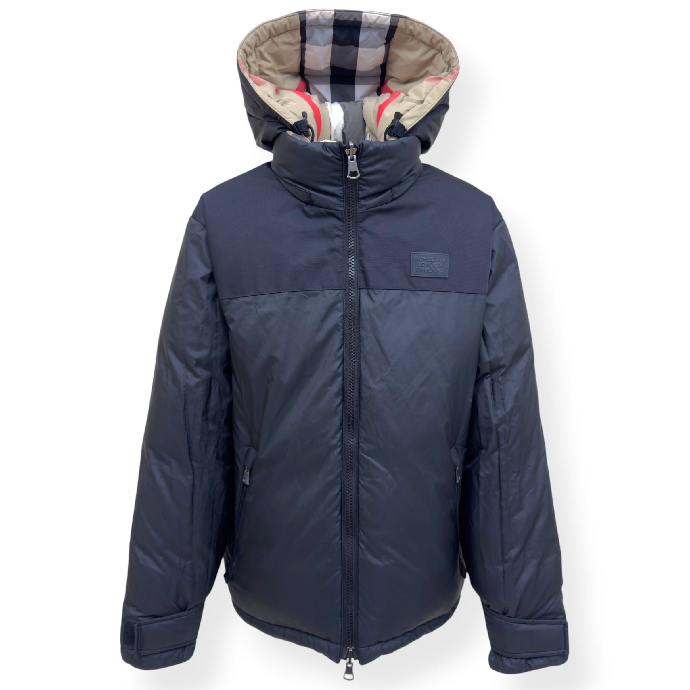 BURBERRY REVERSIBLE CHECK HOODED PUFFER JACKET BEIGE / BLACK M