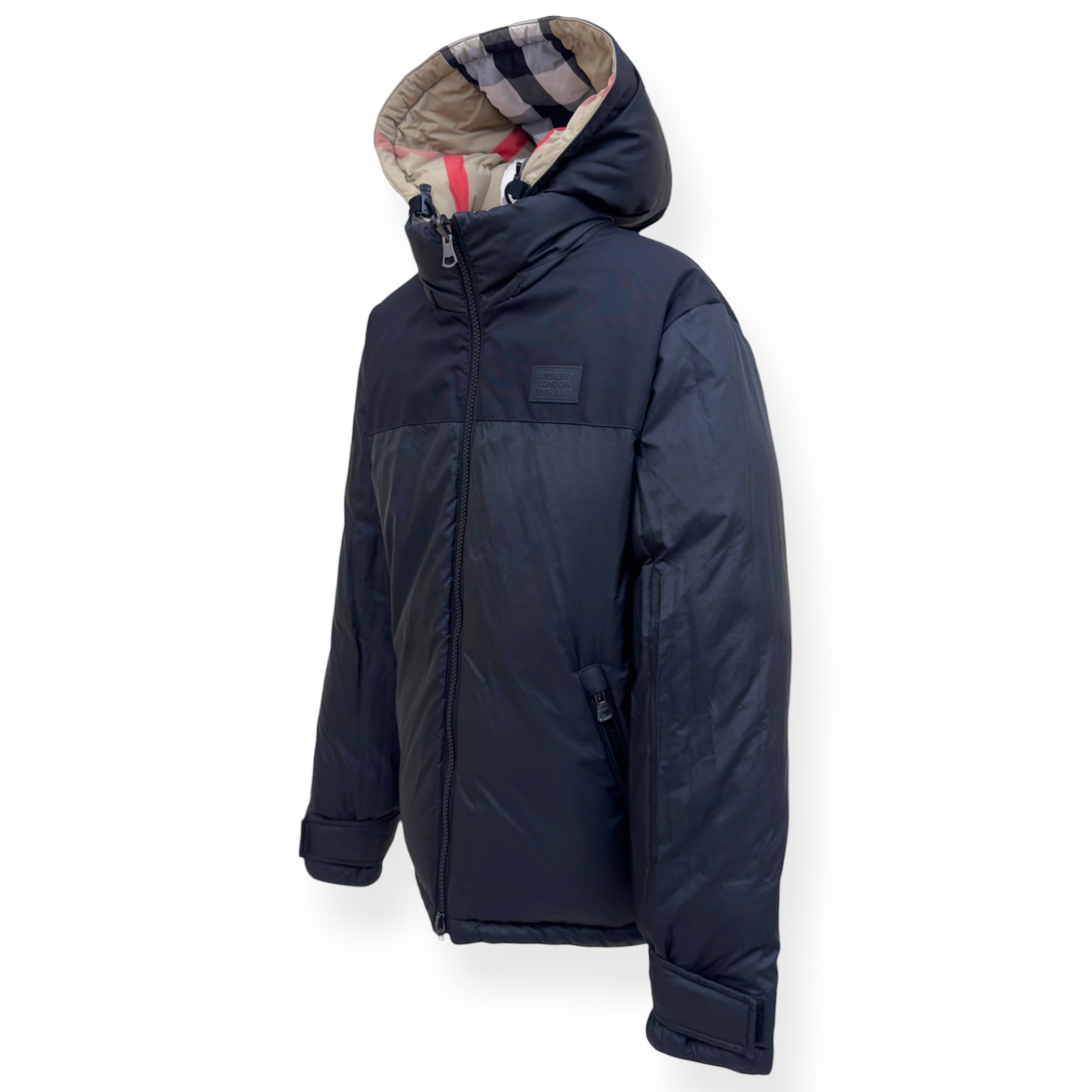 BURBERRY REVERSIBLE CHECK HOODED PUFFER JACKET BEIGE / BLACK M