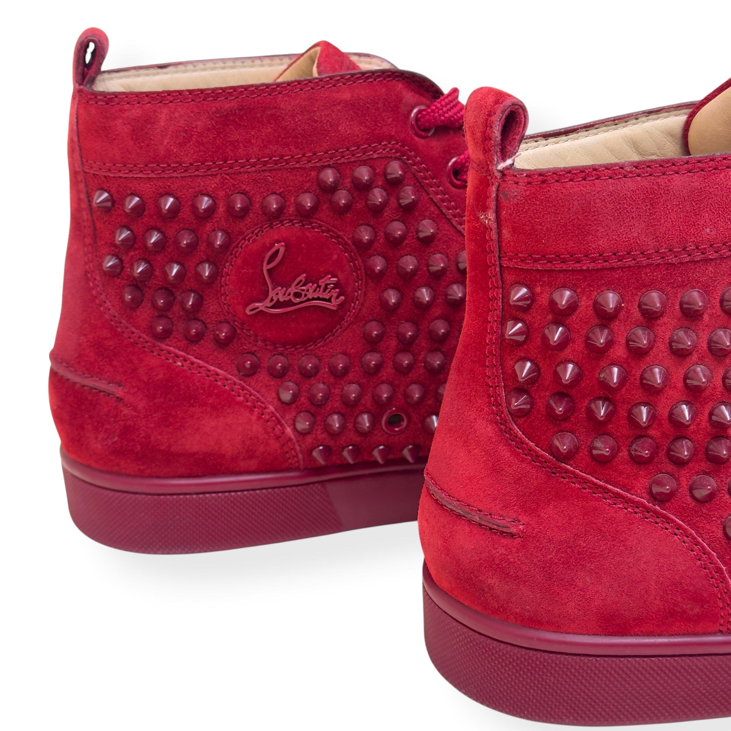 CHRISTIAN LOUBOUTIN LOUIS SPIKE SUEDE HIGH TOP SNEAKER RED 41.5 / UK7.5