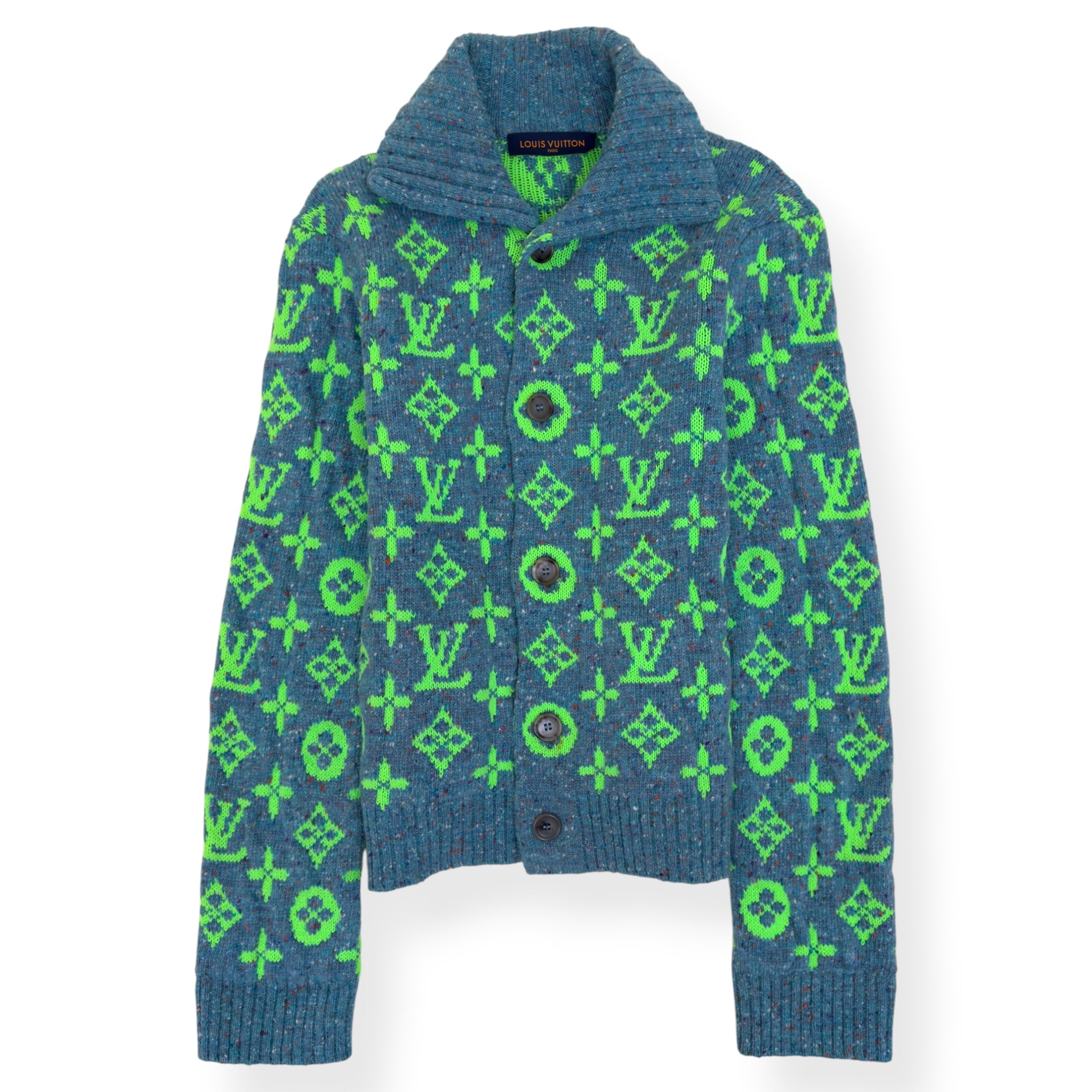 LOUIS VUITTON SS22 SIGNATURE MONOGRAM KNIT CARDIGAN GREEN / TURQUOISE M